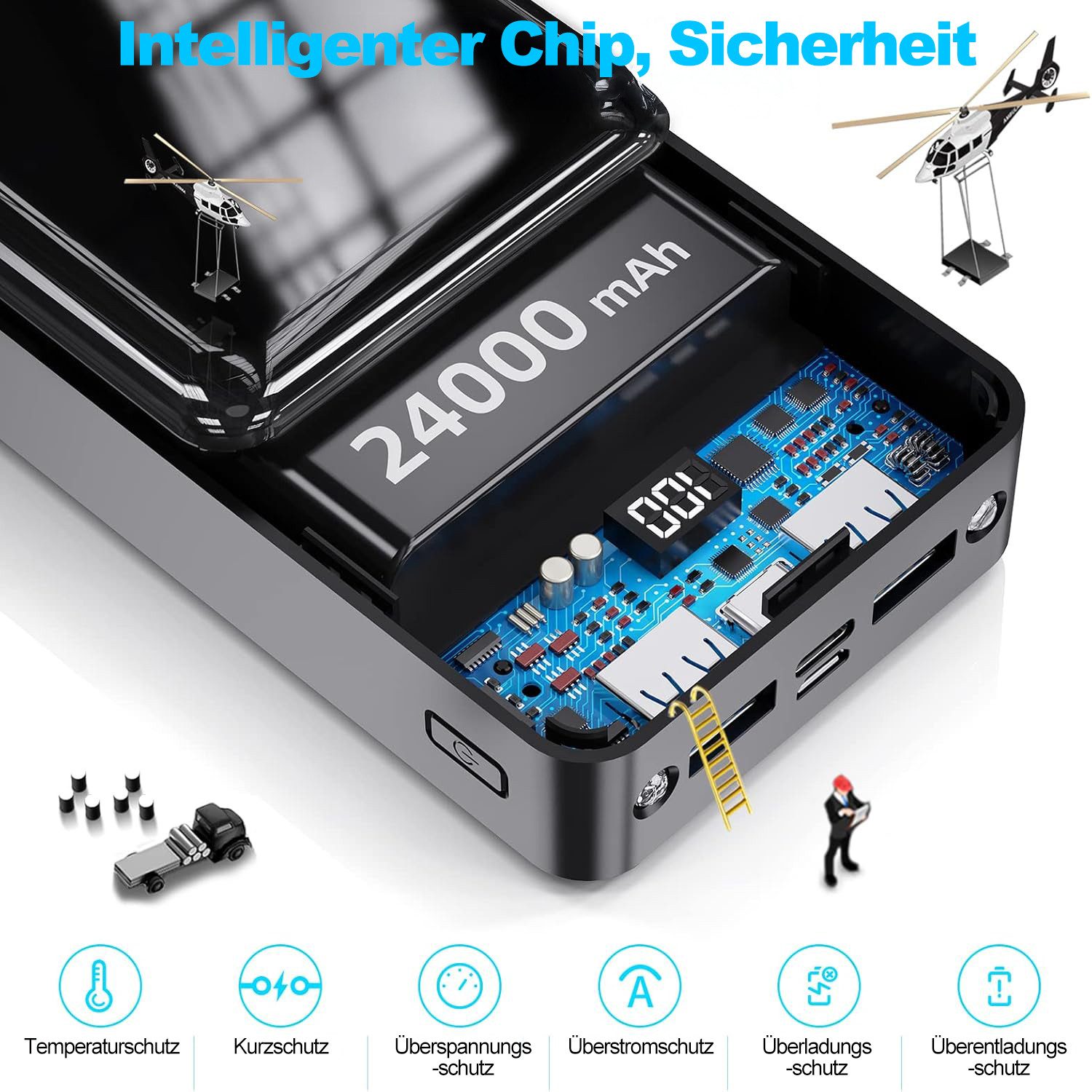 Pdgrid 24000 mAh 22,5 W 4 Ausgänge mit LED-Display Externe-Batterie Powerbank 4 Ausgänge: 2x USB-A, 1×Type-C, 1×Micro 24000 mAh, Aufladen Ladegerät