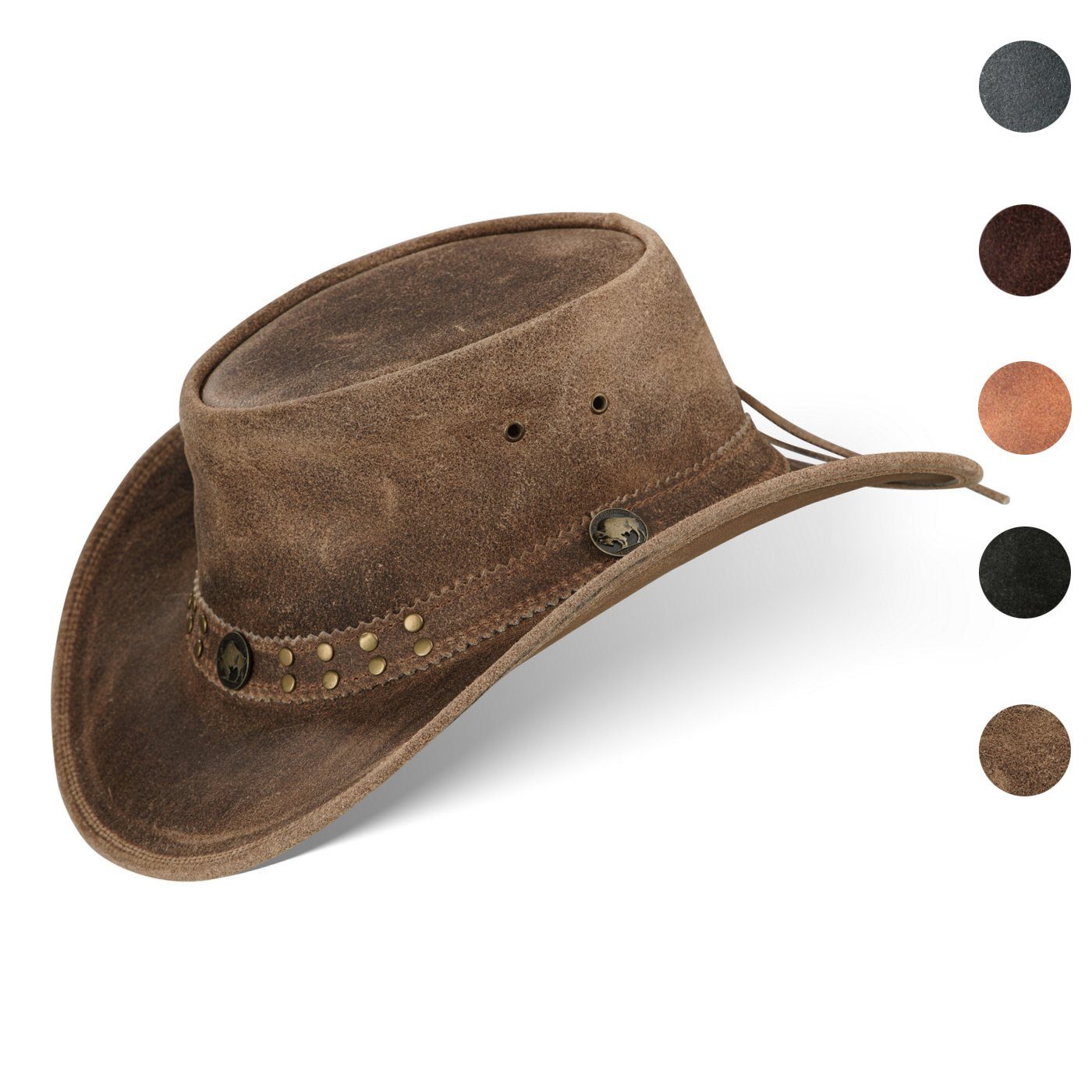 BLACK FOREST FOX Cowboyhut Buffalo Bill Herren Damen Western Cowboy Leder Hut in 5 Farben Vintage Black Größe XL