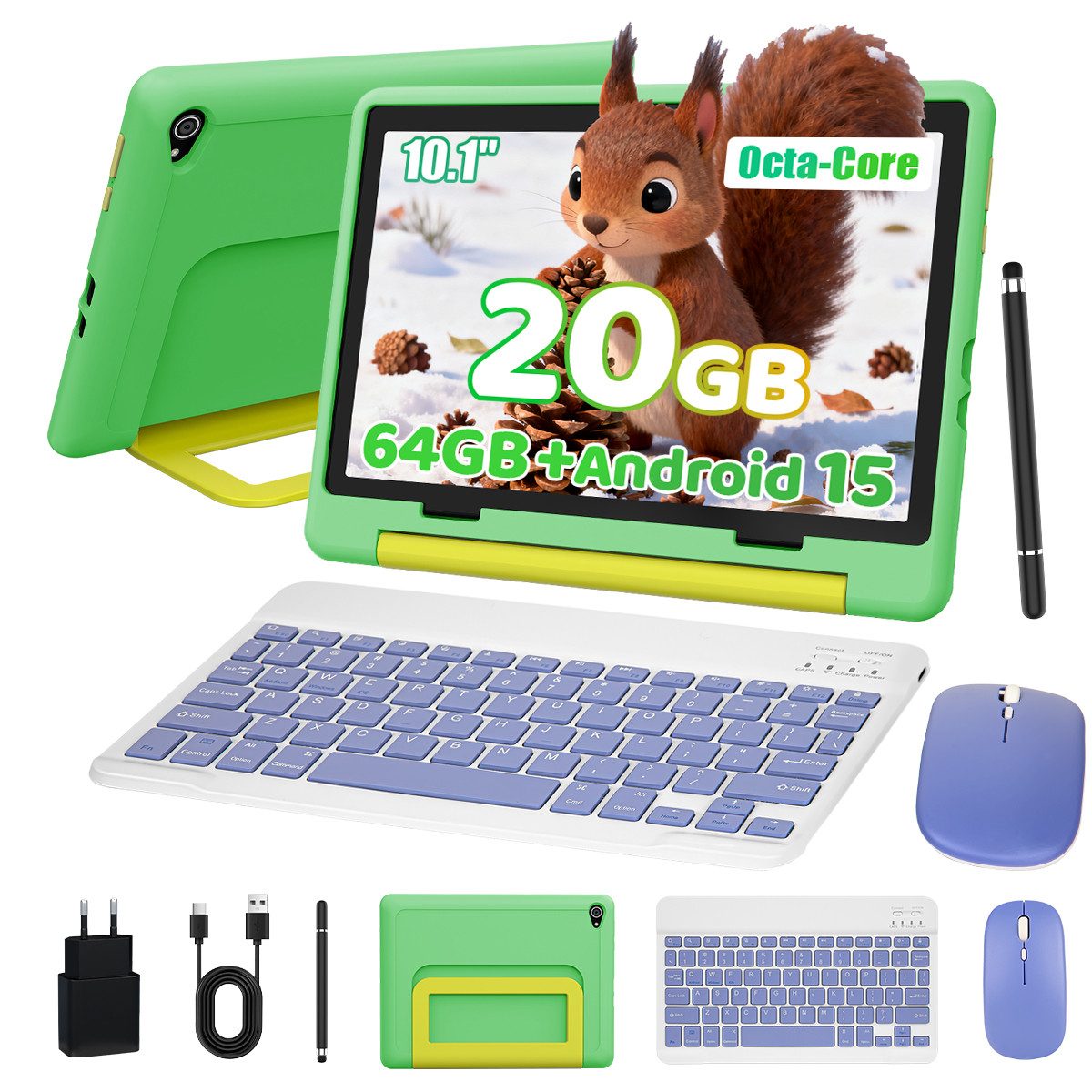BUFO Android 15 10-Zoll, 20(3+17) GB RAM + 64 GB ROM (TF Expand 1TB) Kinder Tablet (10", 64 GB, Android 15, WiFi 6, mit Tastatur/Maus/Stift, Augenschutz-Tablet mit Eltern-Kontrolle)