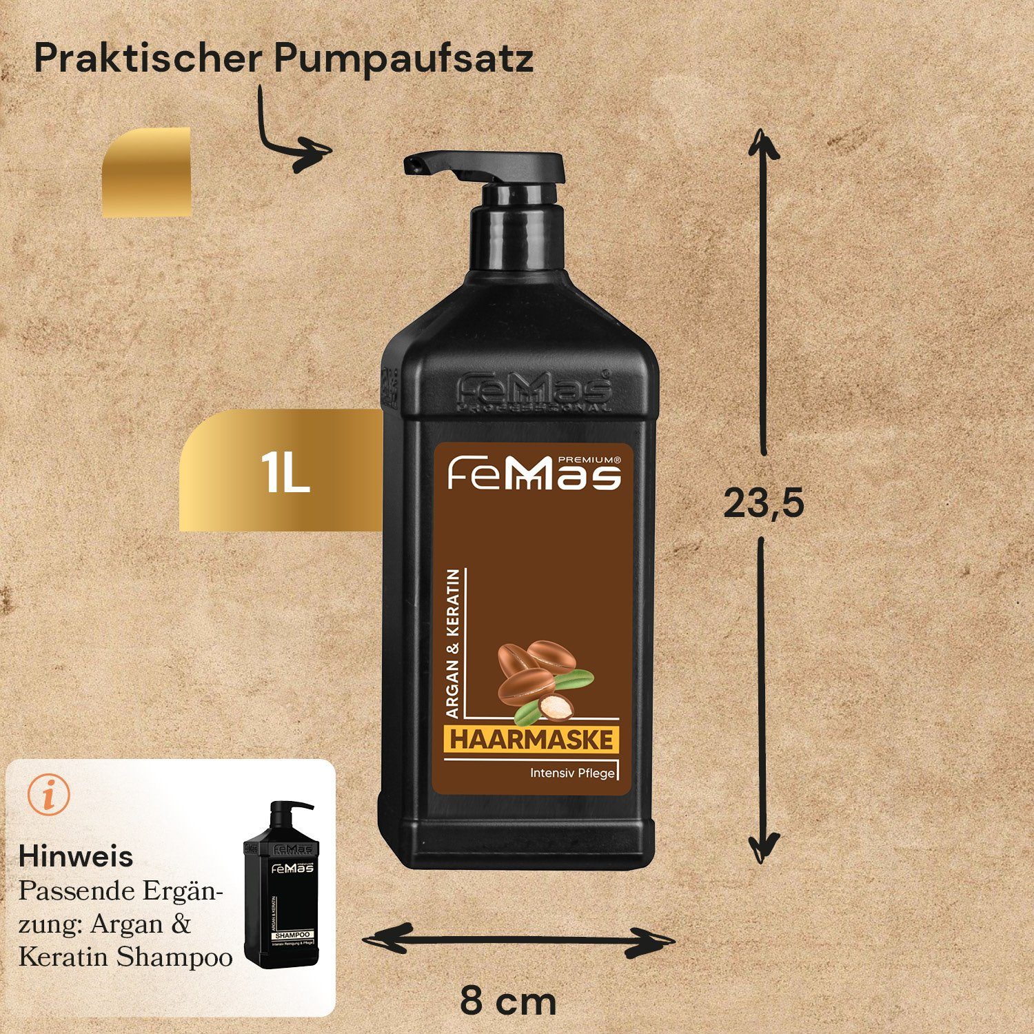 Premium Argan Femmas Maske FemMas & Pumpe Keratin Haarmaske mit 1000ml