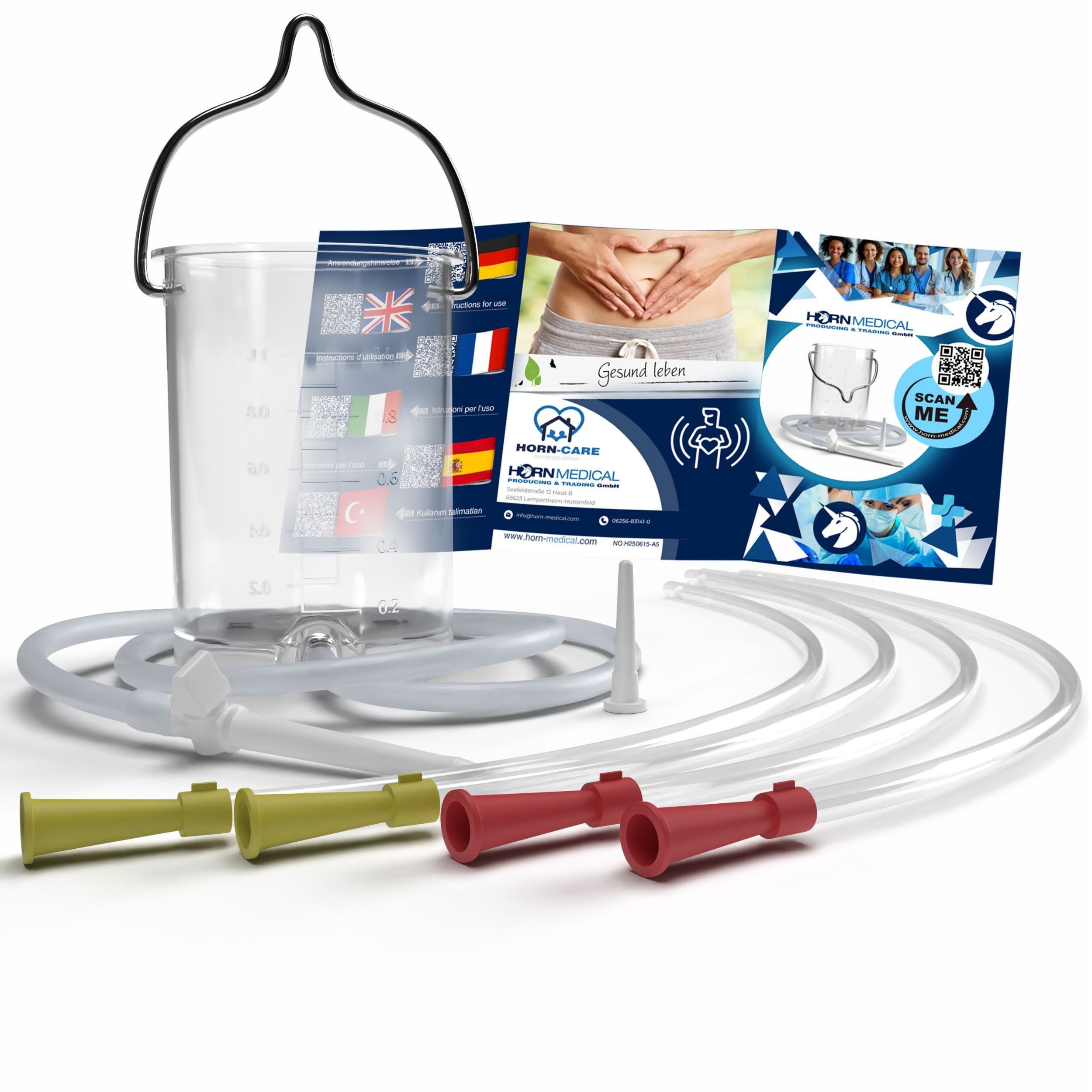 Horn Medical Mobiles Bidet Horn Medical Einlaufbecher mit Irrigator-Set & 4 Darmrohren (Darm-Detoxing, 1 St., INKL. 2x Darmrohr CH 20 & 2x Darmrohr CH 18), für eine einfache, schonende Darmreinigung z.B. bei Fastenkuren