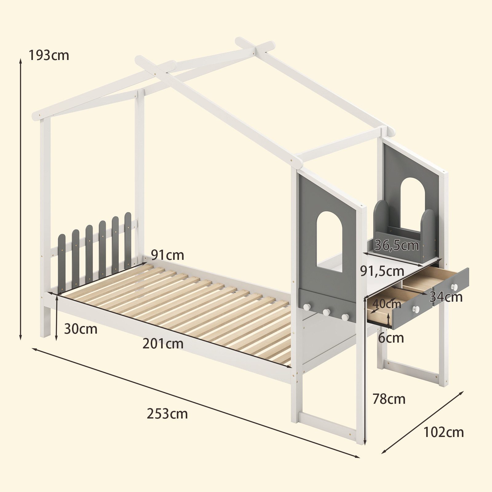 COSTWAY Kinderbett, Hausbett, mit Lattenrost & Schreibtisch, 90x200cm