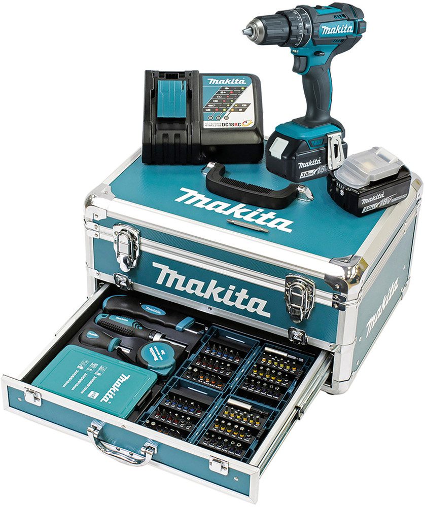 Makita Akku-Schlagbohrschrauber DHP482RFX9, max. 1900 U/min, 18V • 62 Nm, inkl. 2xAkkus 18V/3Ah/Ladegerät, Zubehör und Koffer