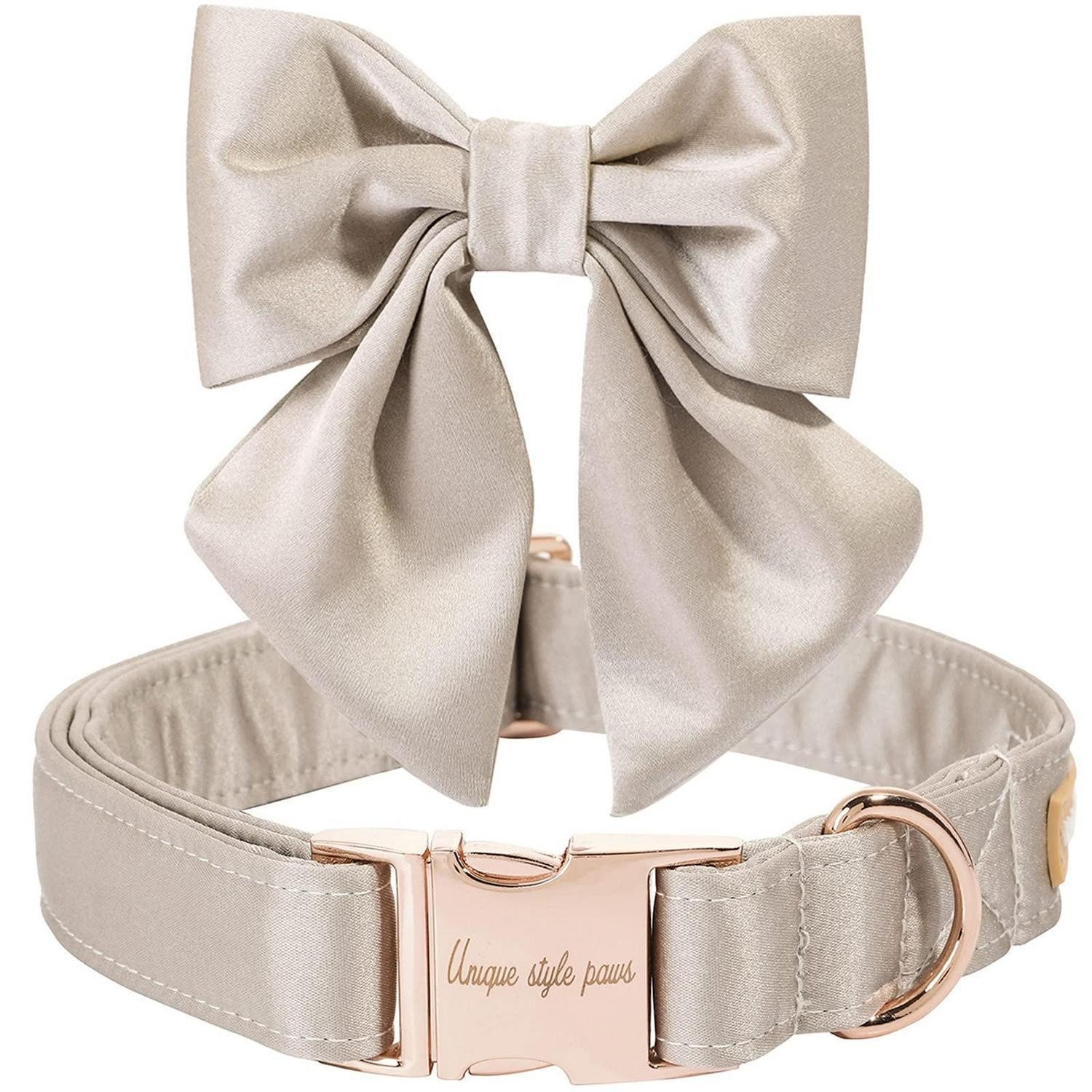 LuxusKollektion Hunde-Halsband Hundehalsband Seide Champagner M Fliege