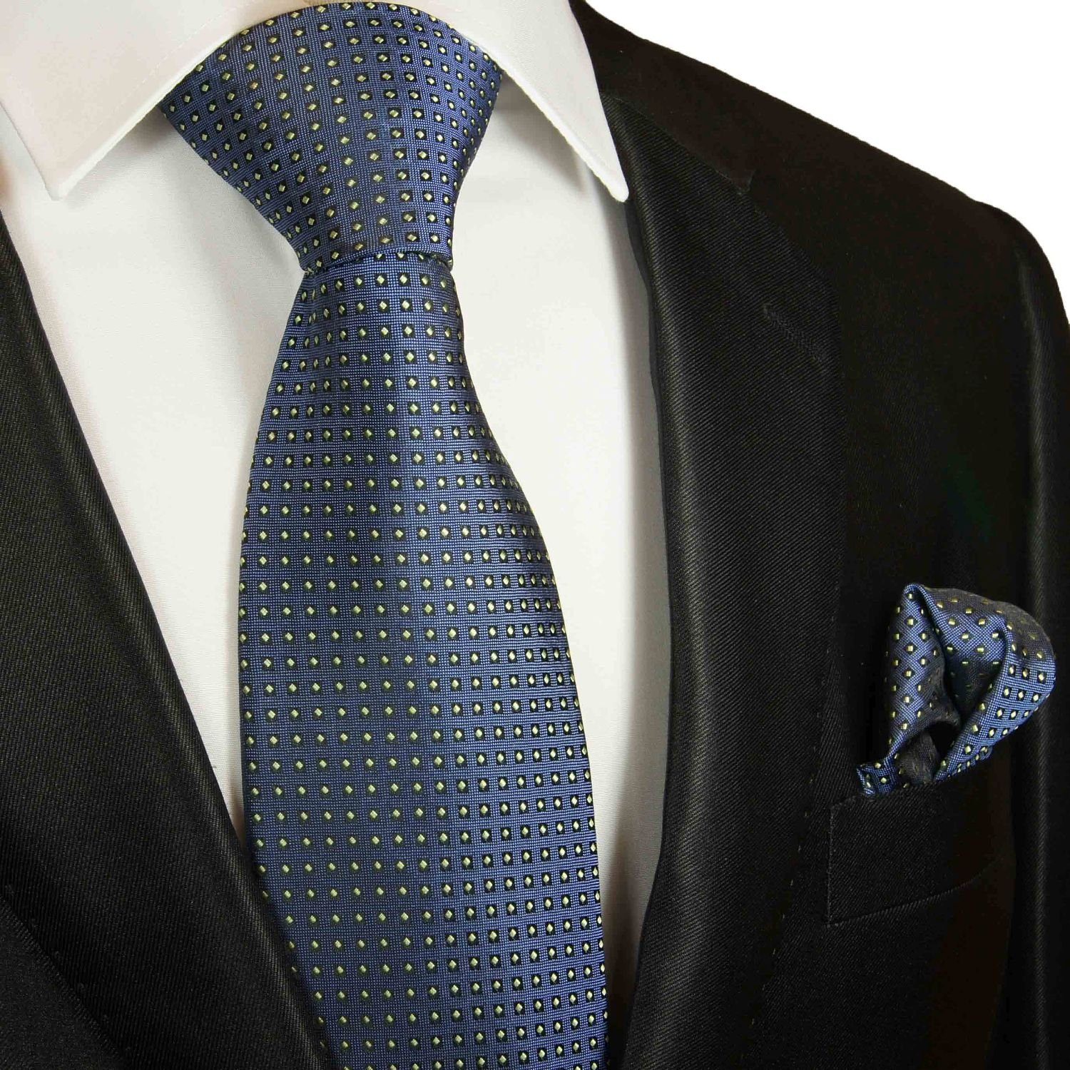 Paul Malone Krawatte Herren Seidenkrawatte mit Tuch modern gepunktet 100% Seide (Set, 2-St., Krawatte mit Einstecktuch) Breit (8cm), blau 2041