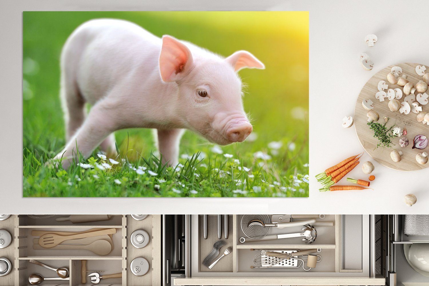 Schutz Tiere (1 80x52 Schwein, Vinyl, Ferkel - cm, die Ceranfeldabdeckung Induktionskochfeld MuchoWow - für küche, Herdblende-/Abdeckplatte tlg),