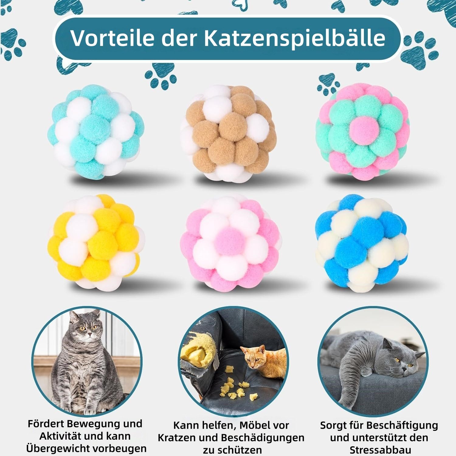 FOUORTUNATE-BEE Tier-Beschäftigungsspielzeug 6 Katzenbälle mit Glöckchen – Interaktives Katzenspielzeug-Set, Bunte Spielbälle mit Glocke für Katzen – 6er Set