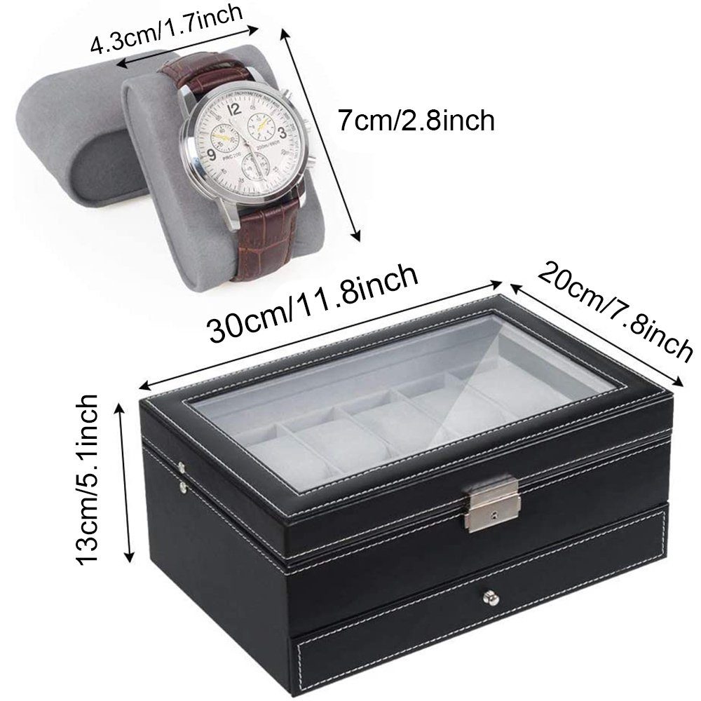 BTTO Schmuckkassette Design Schmuckkästchen,Uhrenbox,Doppelschicht mit Uhrenetui Fächer, bare abschlie Uhrenkasten Schwarz Glasdeckel,abschließbares Schmuckbox,12
