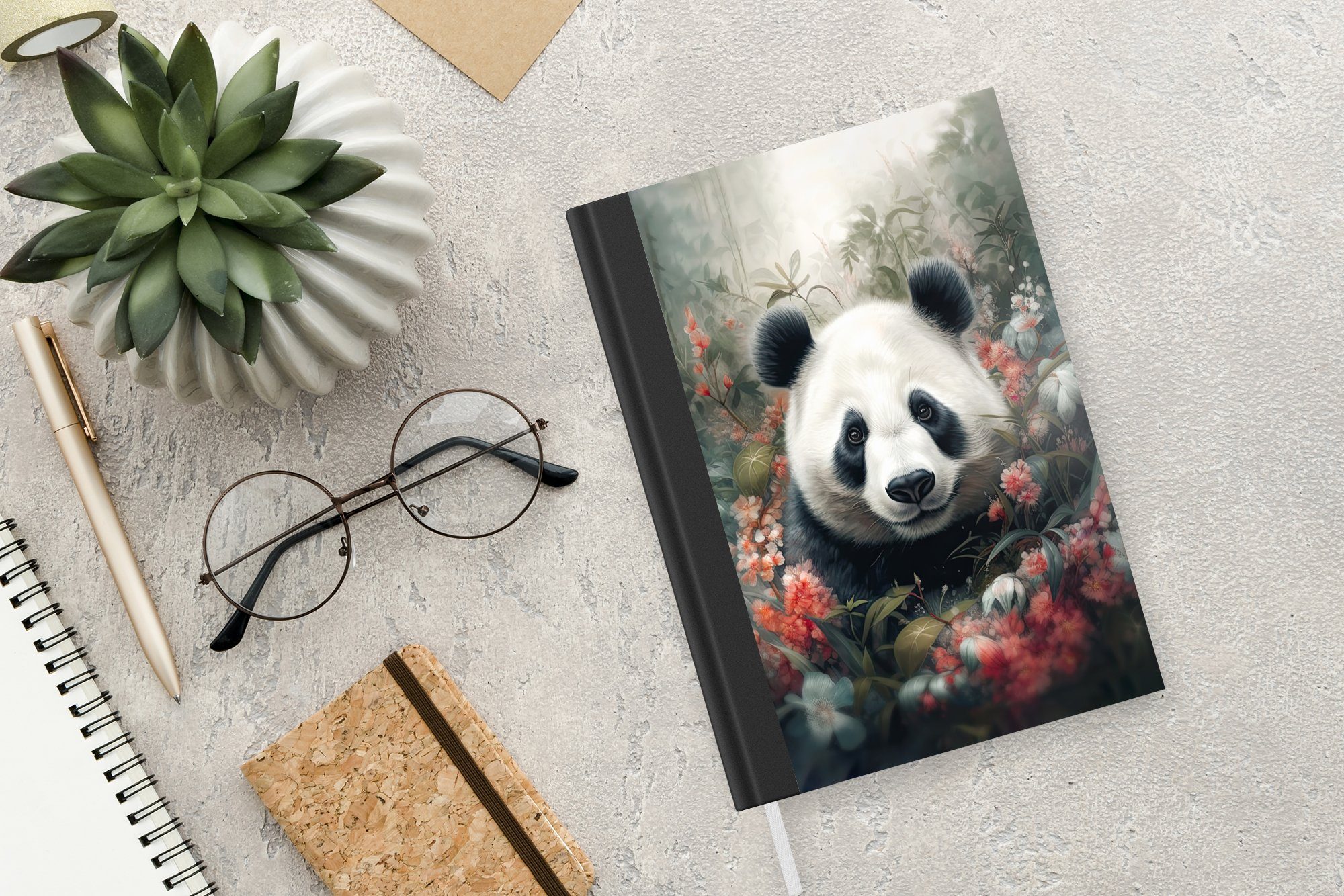 Wildtiere A5, Notizheft, Merkzettel, Blumen Natur, Haushaltsbuch - MuchoWow 98 Notizbuch - Journal, - Panda Seiten, Tagebuch,