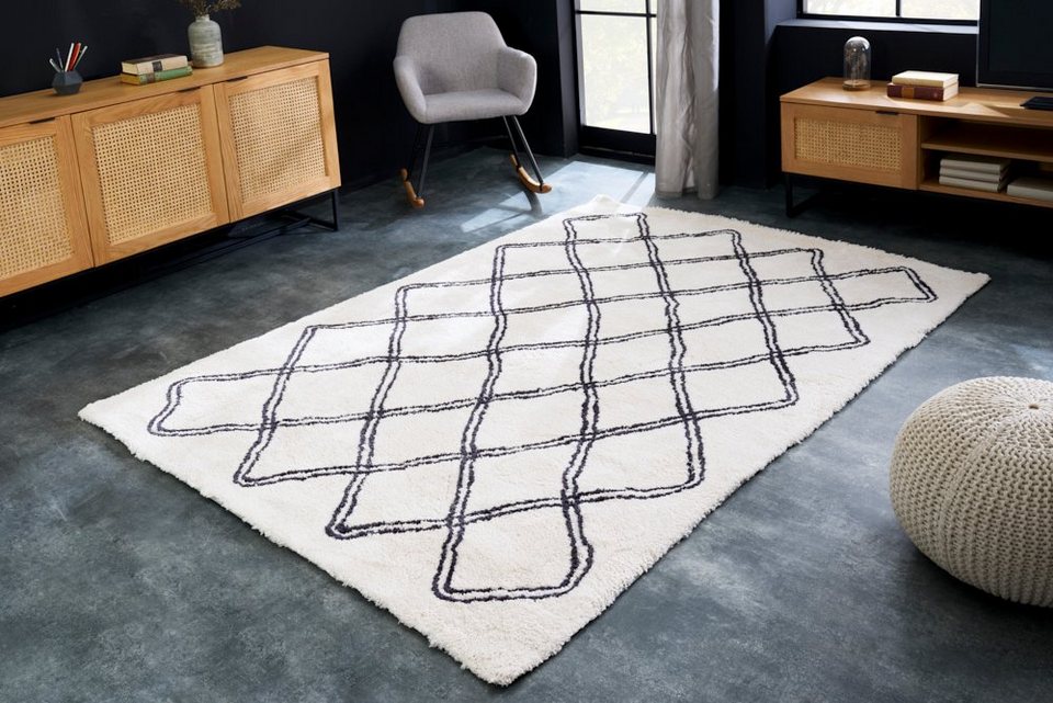 Teppich EUPHORIA 230x160cm weiß / schwarz, riess-ambiente, rechteckig, Höhe:  20 mm, Wohnzimmer · Rautenmuster · Boho