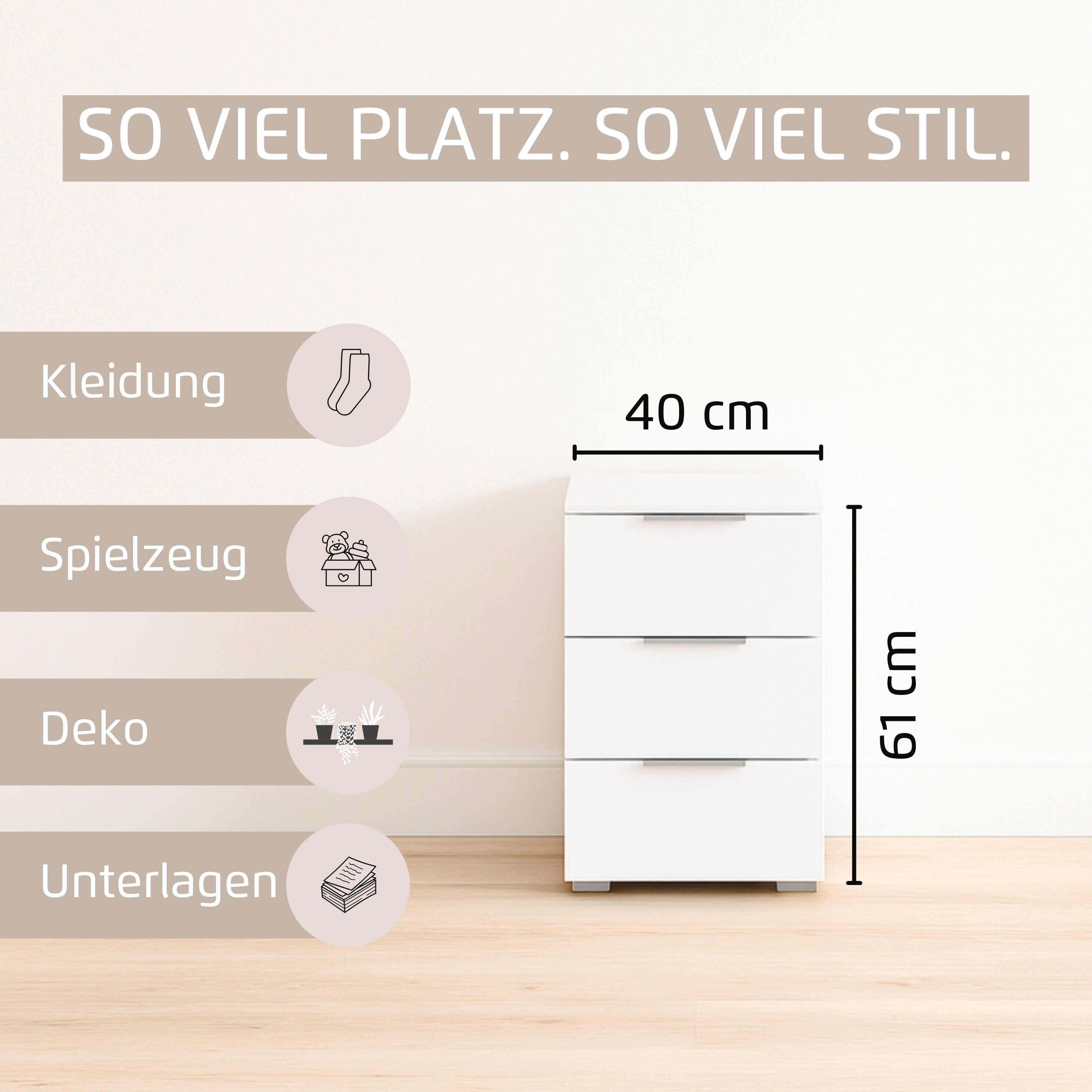 rauch Nachtkommode Nachttisch Nachtkonsole CORTONA mit Dekor-Front (Breite 40 cm inkl. Soft-Close-Funktion), mit 3 geräumigen Schubladen, Kantengriff aus Metall MADE IN GERMANY