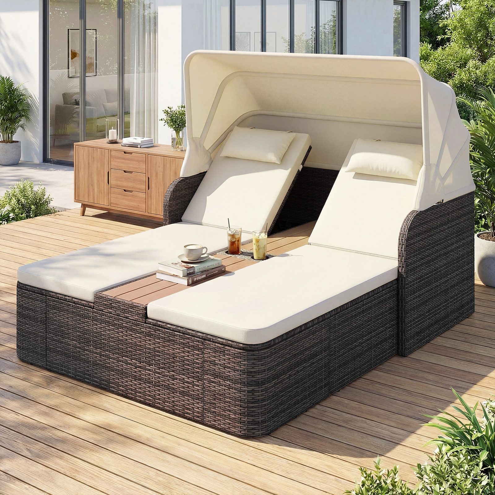 COSTWAY Loungebett, Sonnenliege Rattan mit faltbarem Sonnendach, 2 Personen