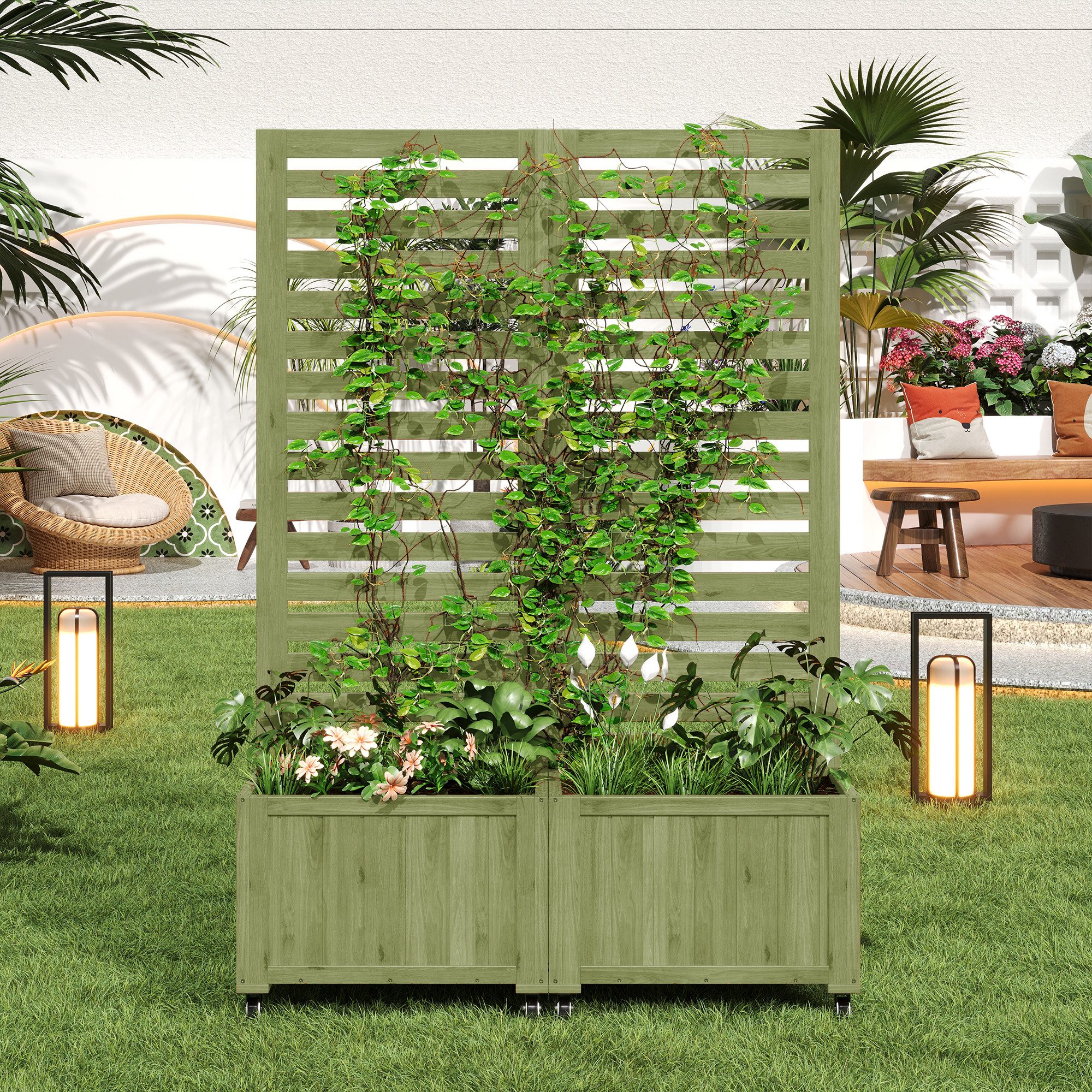 Celya Blumenkasten Pflanzkübel, Outdoo Pflanzgefäß mit Spalier als Kletterhilfe (Mit Klapp- und Universalrädern, Grün), Blumenkasten Pflanzkasten, Geeignet für Garten, Hof und Terrasse