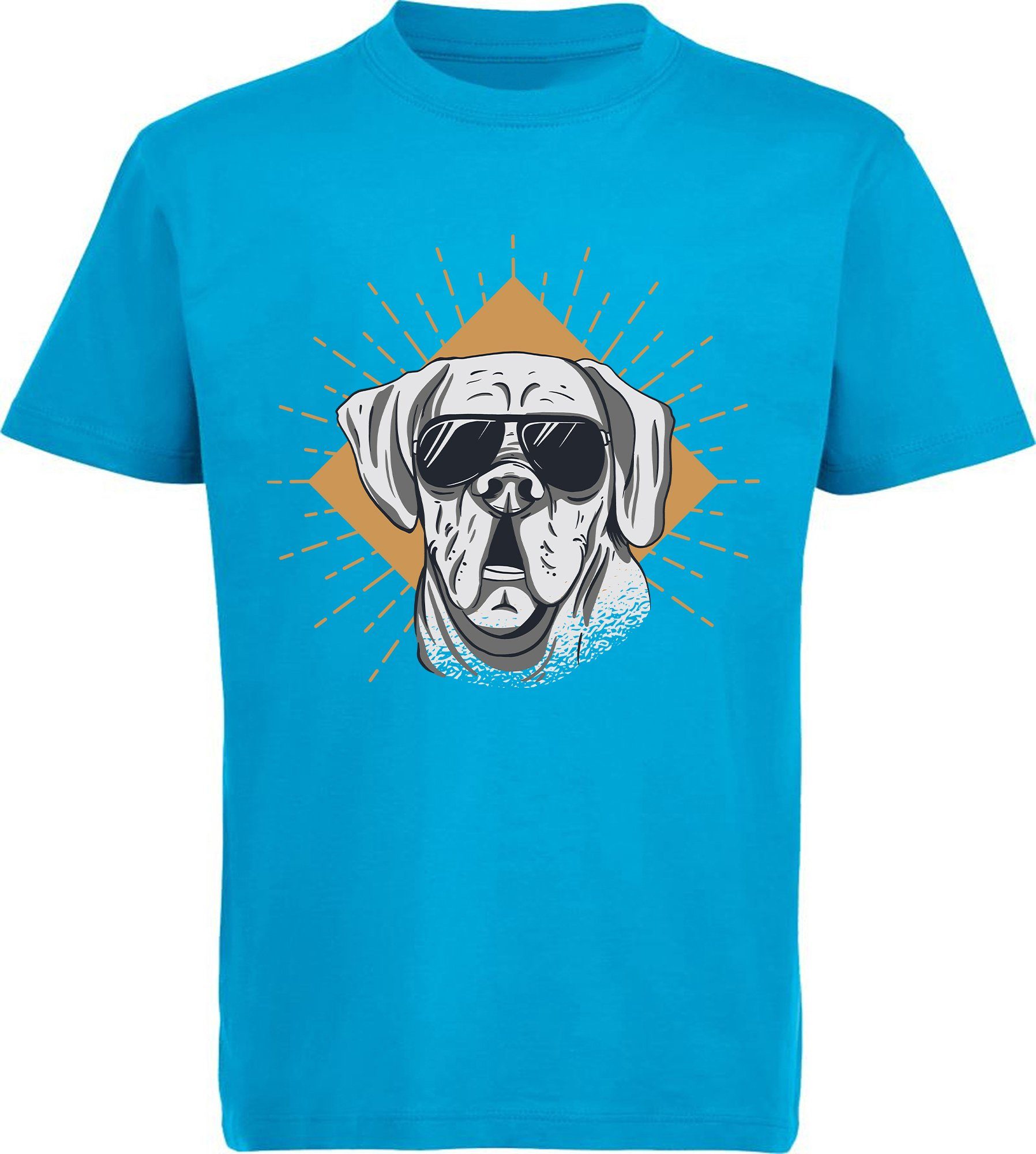 MyDesign24 Print-Shirt bedrucktes Kinder Hunde T-Shirt - Cooler Hund mit Sonnenbrille Baumwollshirt mit Aufdruck, i224 aqua blau