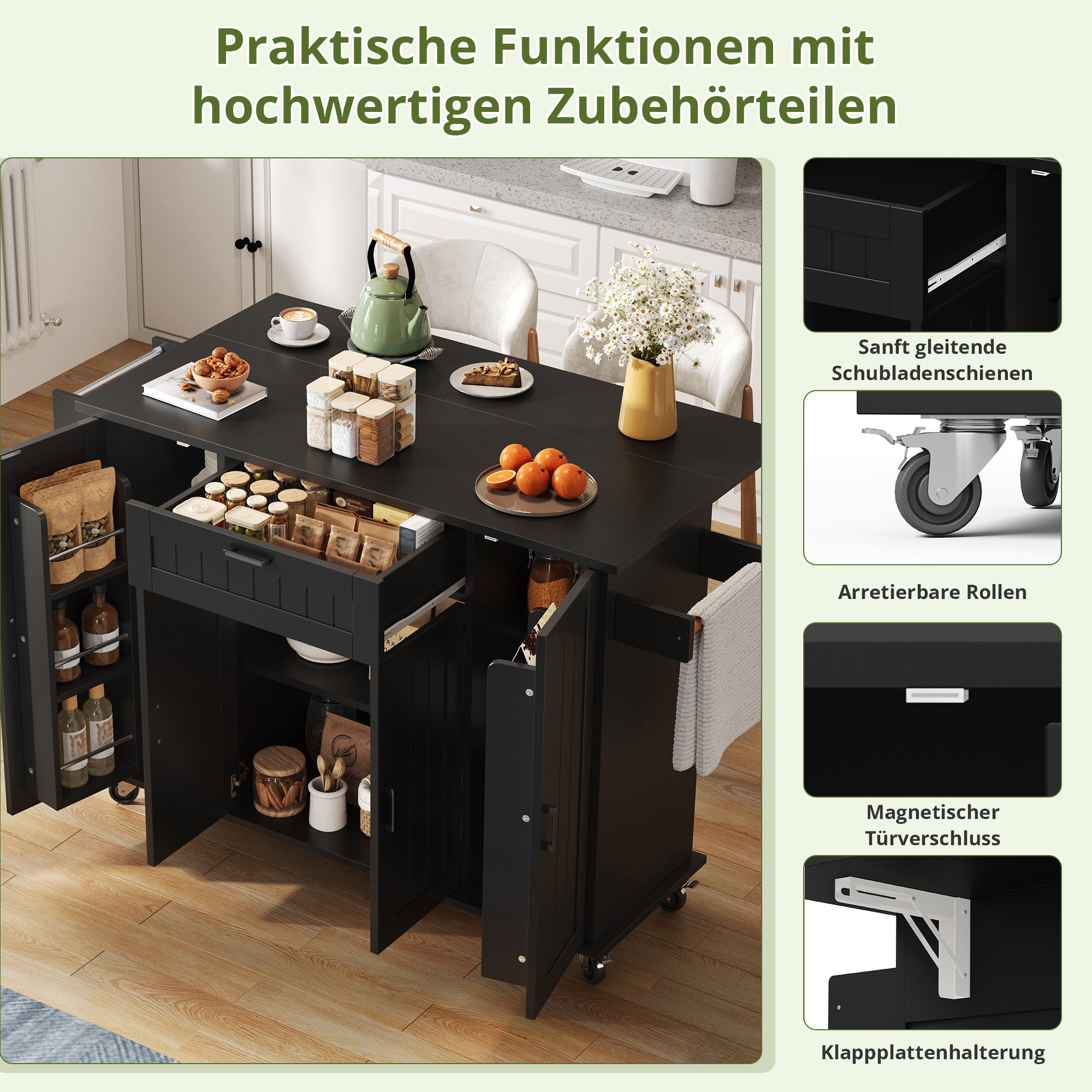 i@home Kücheninsel mit klappbarer Arbeitsplatte, (4 Türen + 1 Schublade, Mit Gewürzregal & Handtuchhalter), Küchenwagen auf Rollen, Ideal für kleine Küche, Wohn – Bild 4 von 5