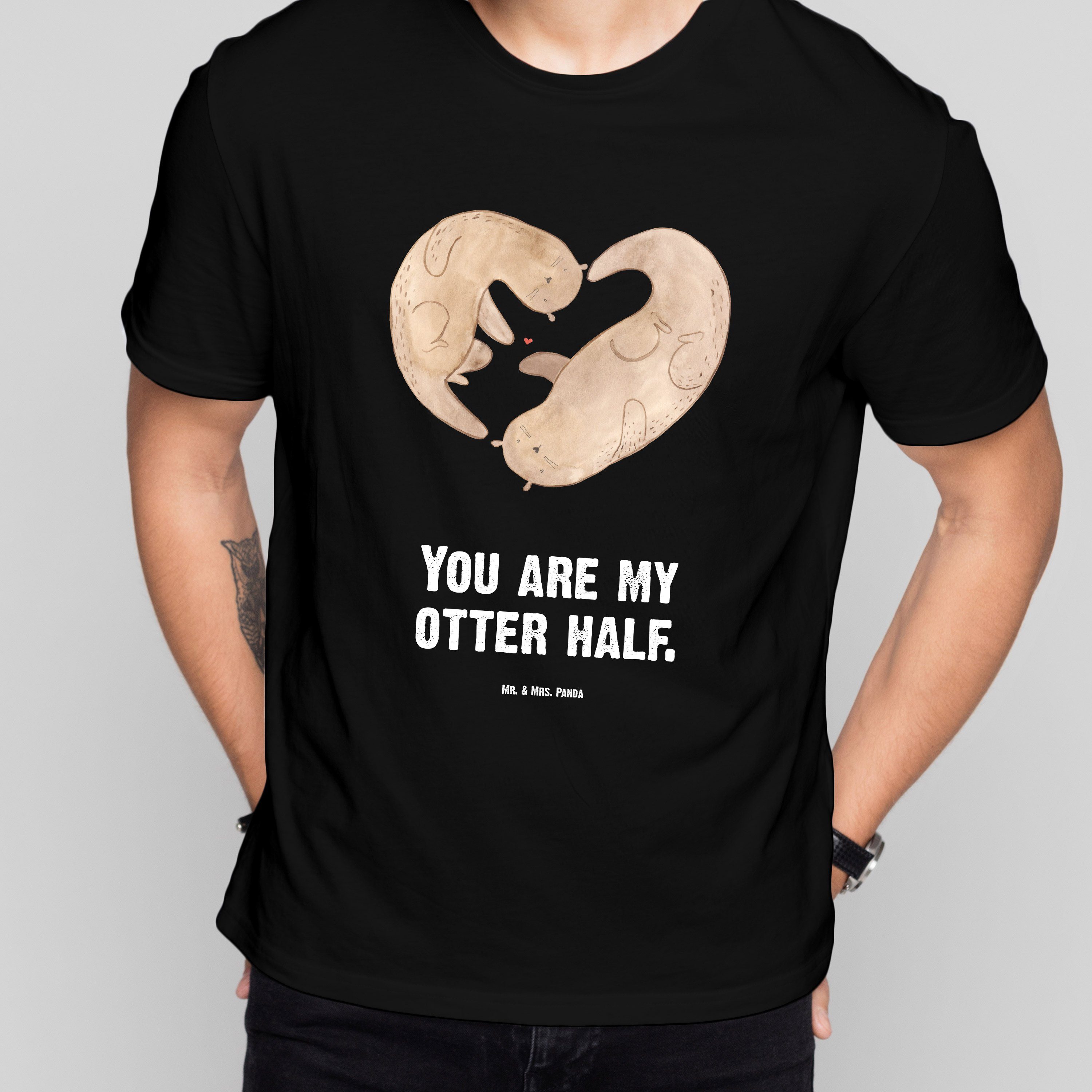Mr. & Mrs. Panda T-Shirt (1-tlg) Shirt, Liebesgesche Geschenk, - Herz - Damen, Otter Schwarz Seeotter
