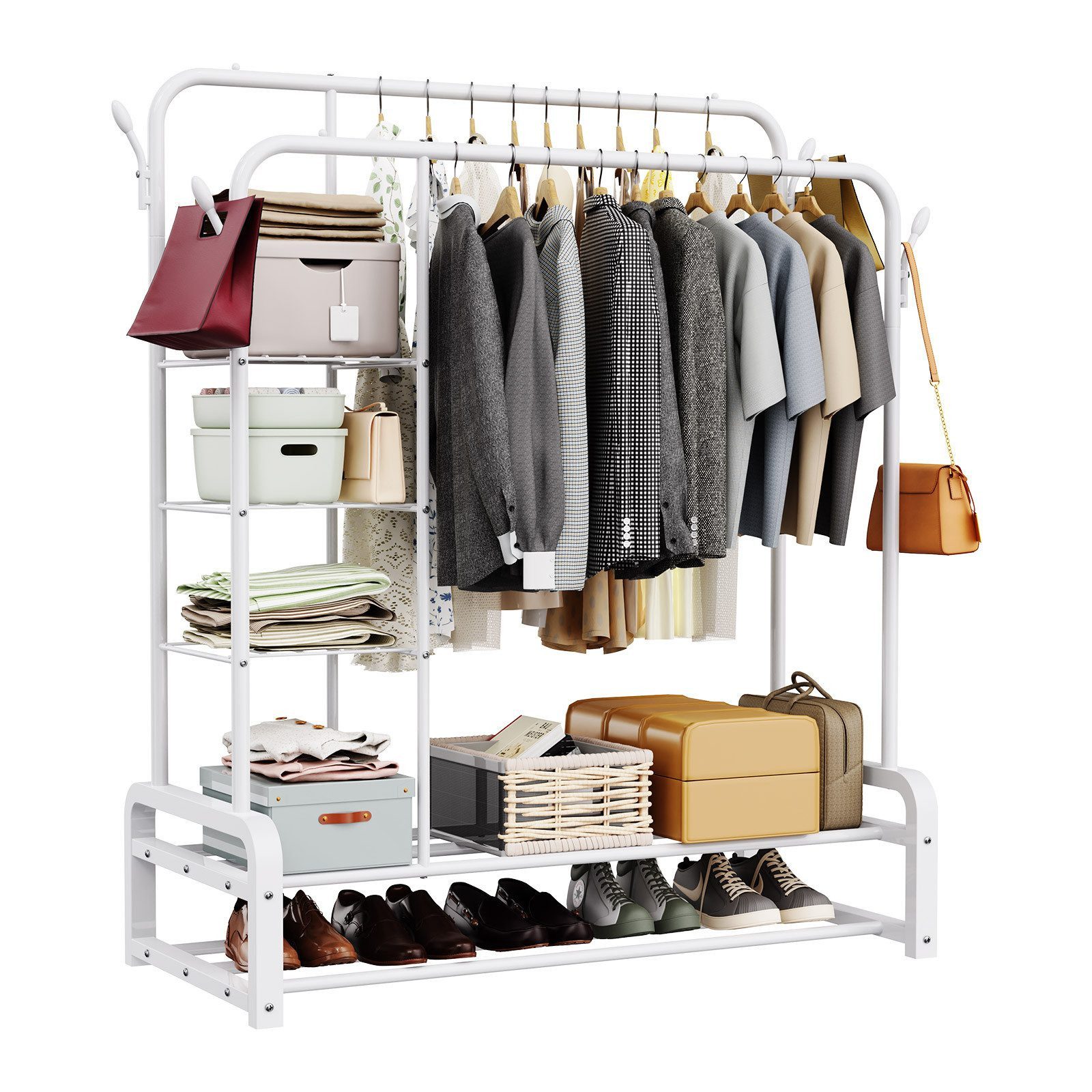 loefme Kleiderständer mit 2 Stangen & 3 Ablagefächern, 110×52×152 cm, bis 75 kg belastbar