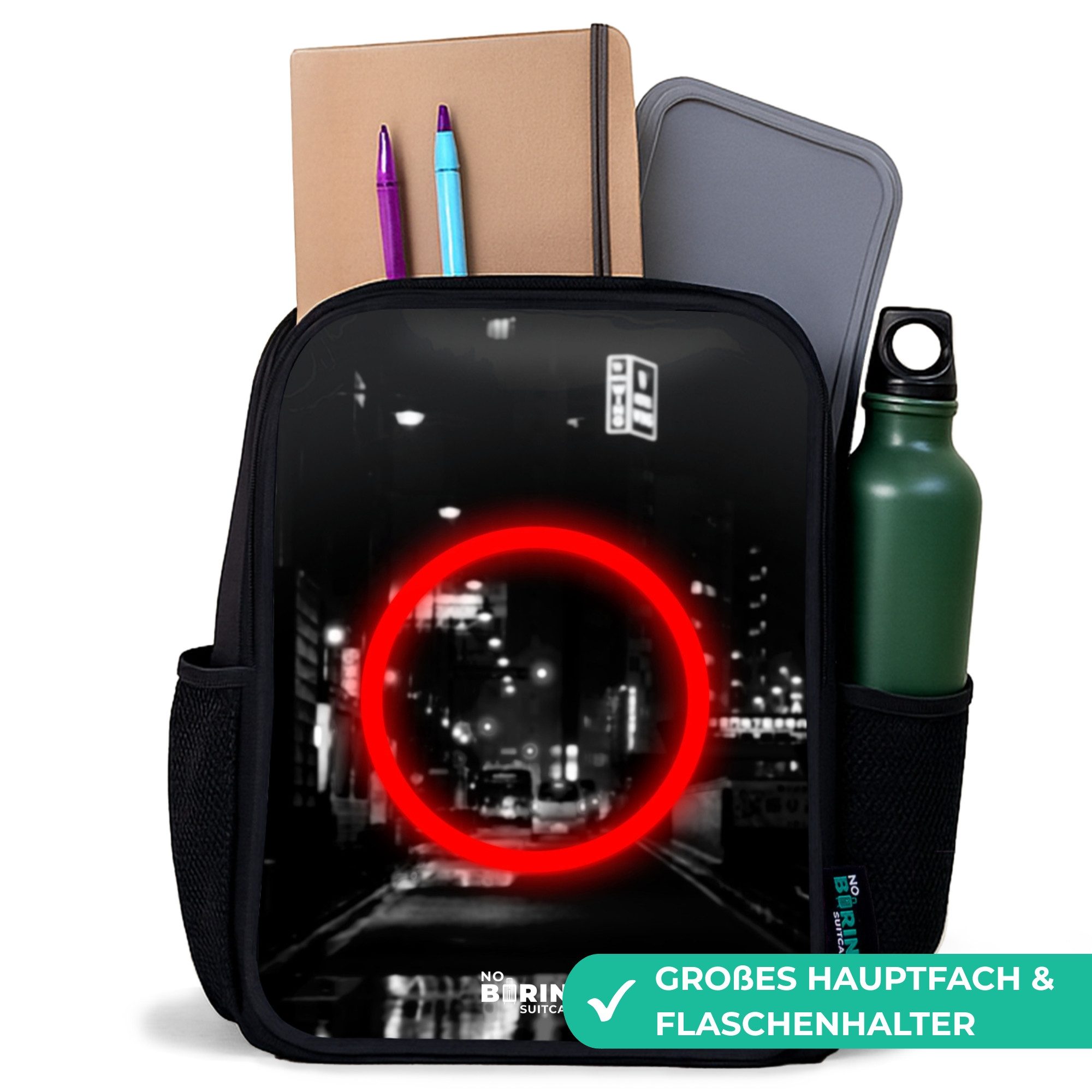 NoBoringSuitcases.com© Rucksack Leuchtend roter Kreis über einer Stadtstraße, Kinderrucksack Schwarz, Schulrucksack, Freizeitrucksack Jungen Mädchen