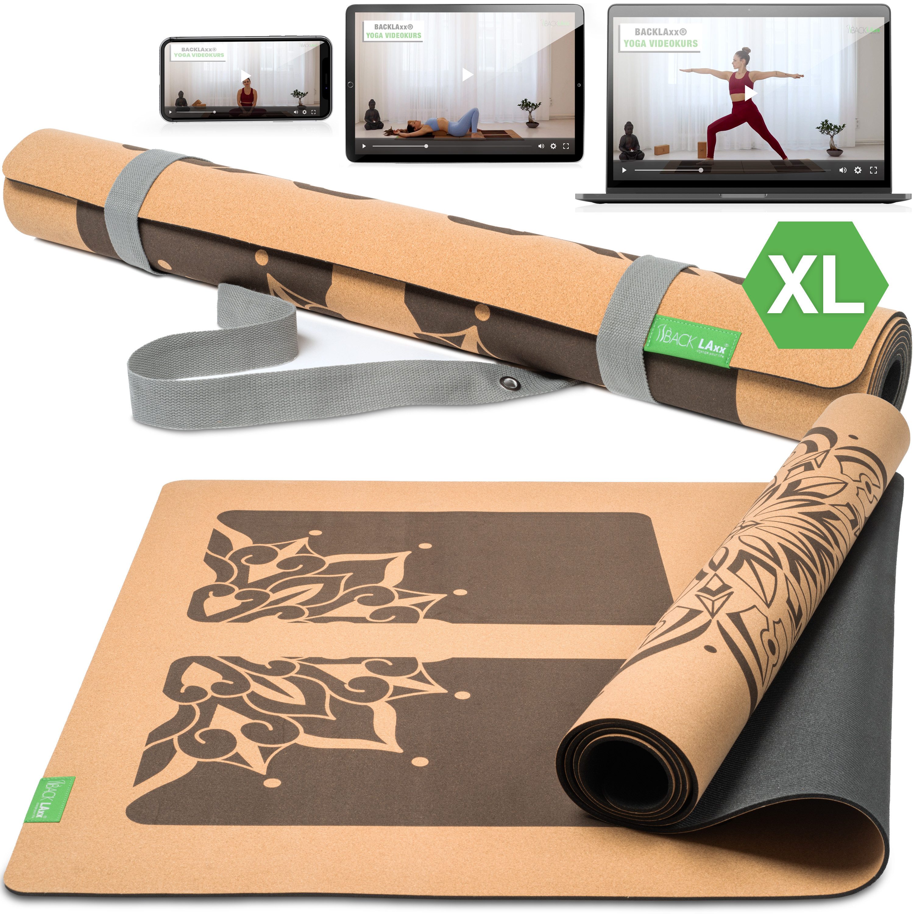 Yogamatte Kork XXL mit, Gymnastikmatte mit Anti-Rutschzonen 200 x 84 cm