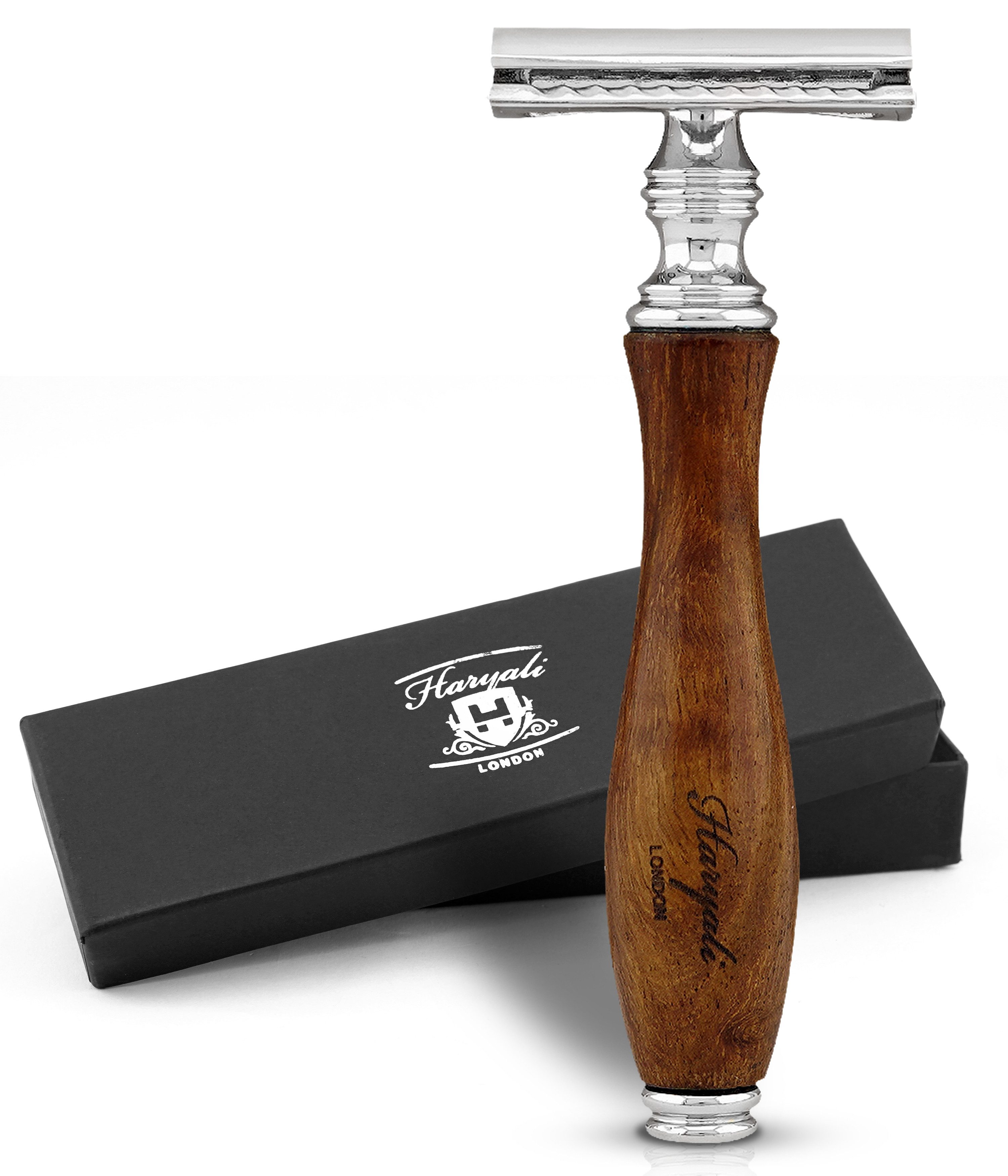 Haryali London Бритвы Rasierhobel mit Doppelklinge für Damen und Herren, pack, Бритвы für ein erstklassiges Бритвыlebnis, Rutschfester verstellbarer Rasierhobel aus Holz mit zwei Ersatzklingen