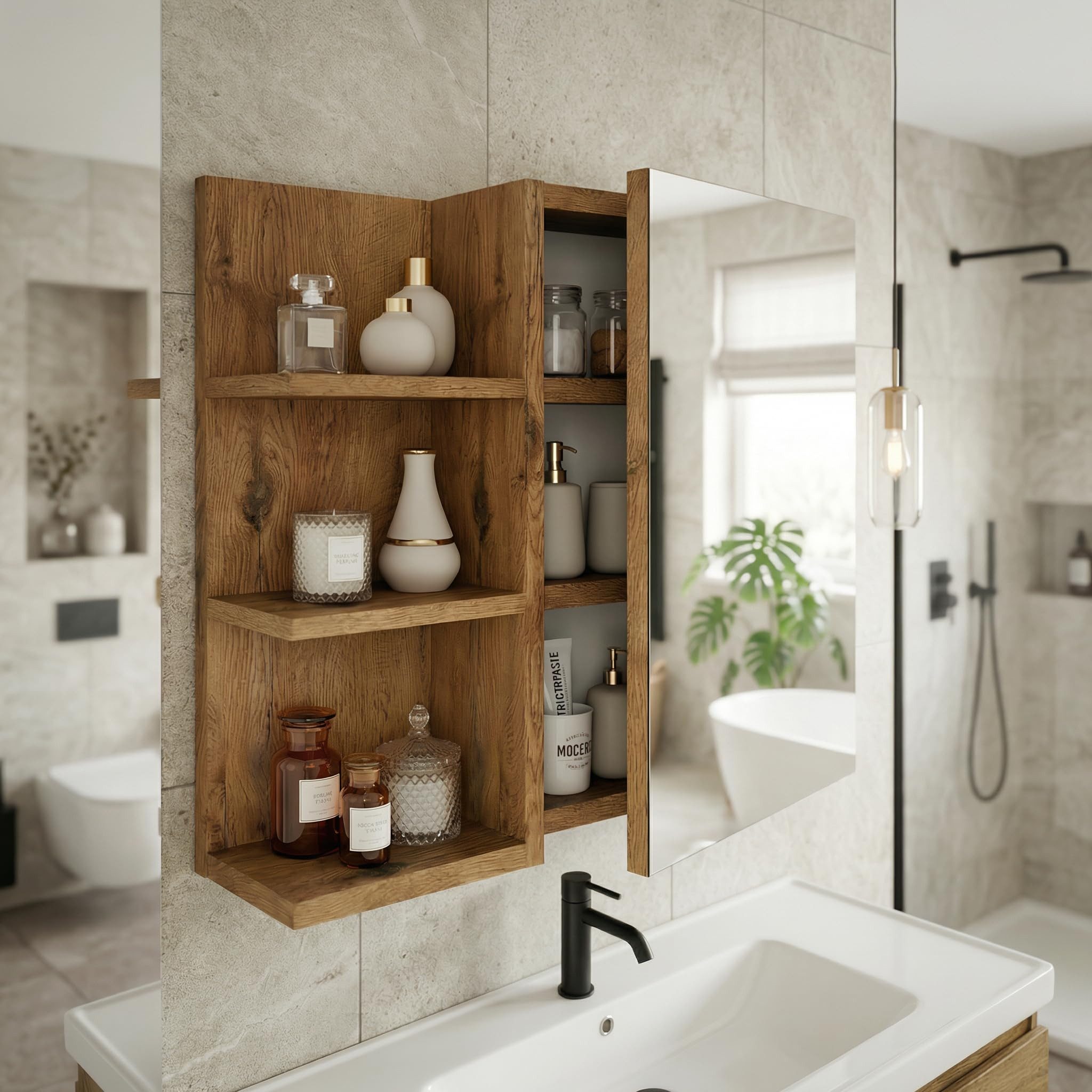 TREND WERK Spiegelschrank Badezimmer mit Ablage & Stauraum (59×16×50 cm Hängender Badezimmerschrank zur Wandmontage mit Regal) – modern & pflegeleicht