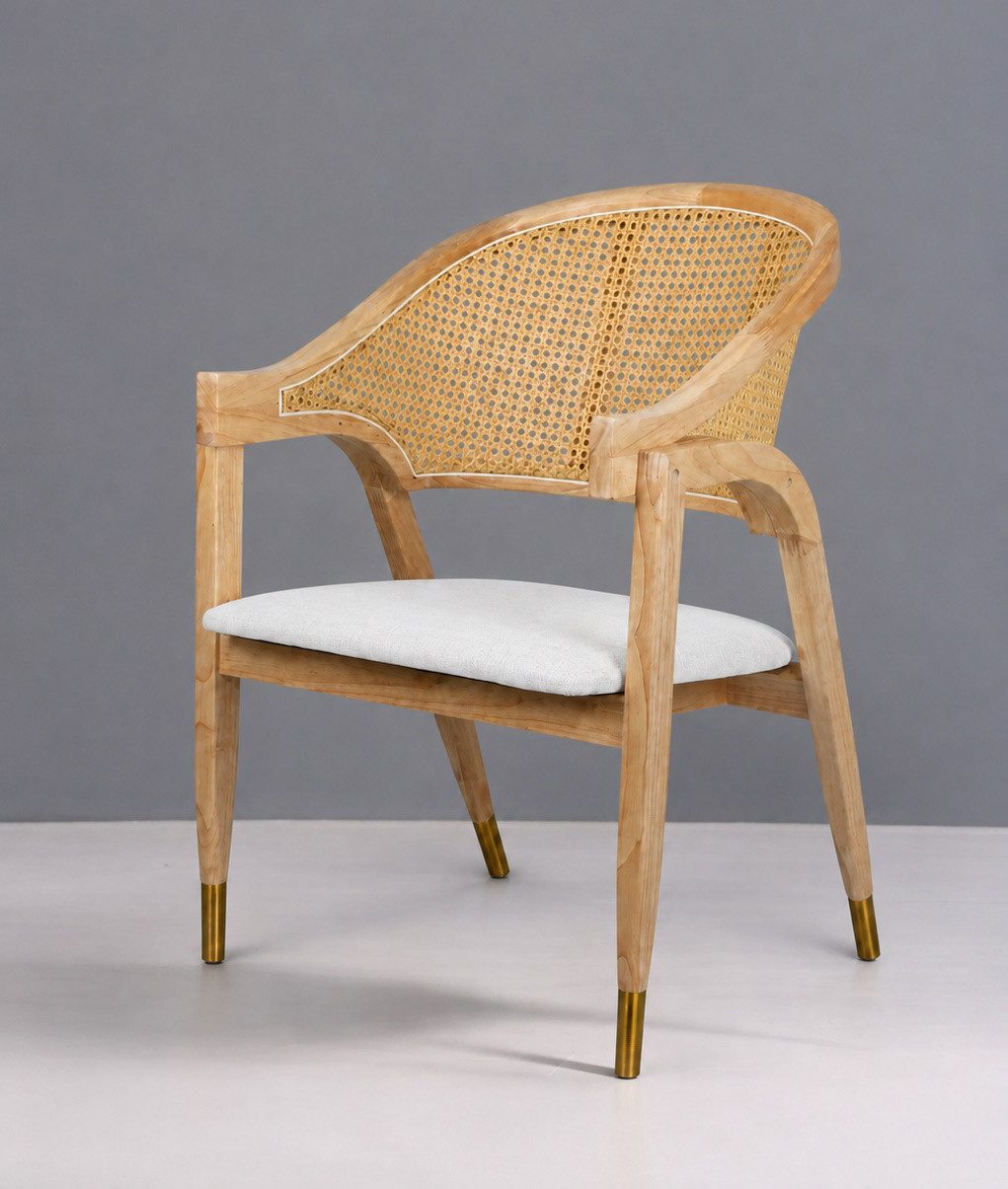 Vintagehaus Armlehnstuhl Esszimmerstuhl Aureo Mid-Century Massivholz Rattan