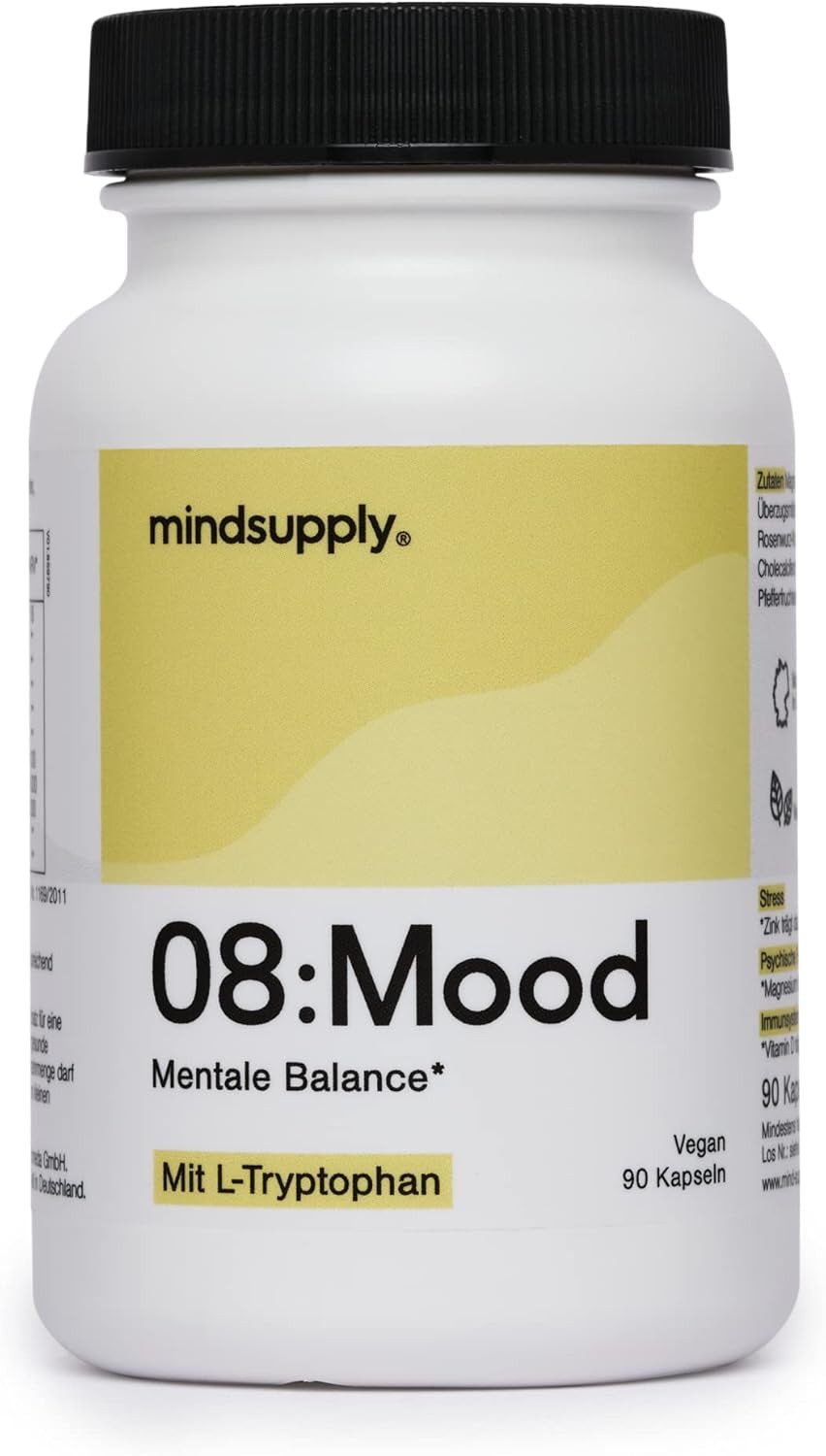 mindsupply MOOD Anti-Stress, L-Tryptophan, Rosenwurz, B12, Q10 – Vegan Kapseln, 1 er Packung à 90 St., 52 g