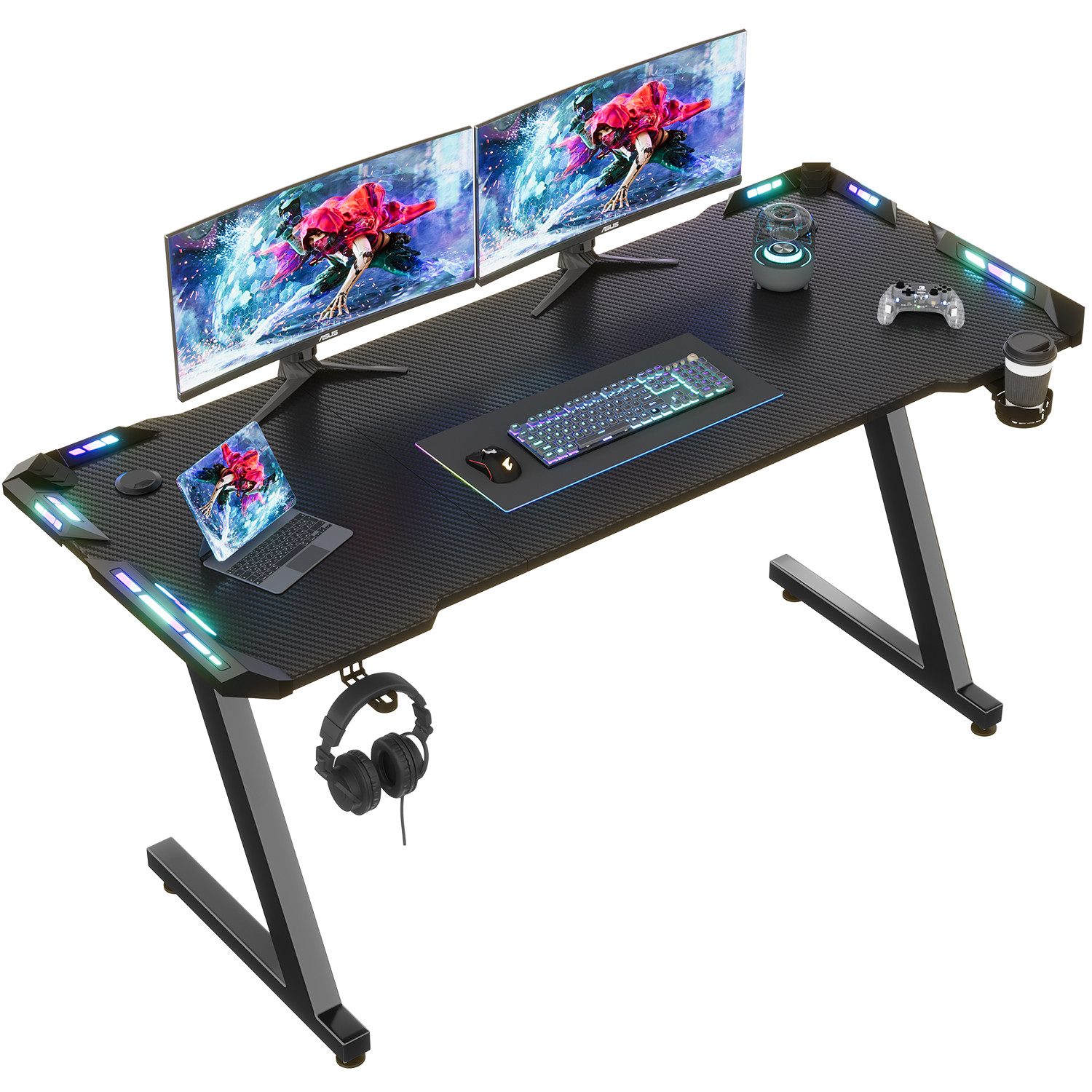 Furnicopia Gamingtisch 120/140/160cm Gaming Schreibtisch mit RGB Computertisch Gamer PC tisch (Schreibtisch mit Becherhalter und Kopfhörerhaken,Z-förmige Tischbeine)