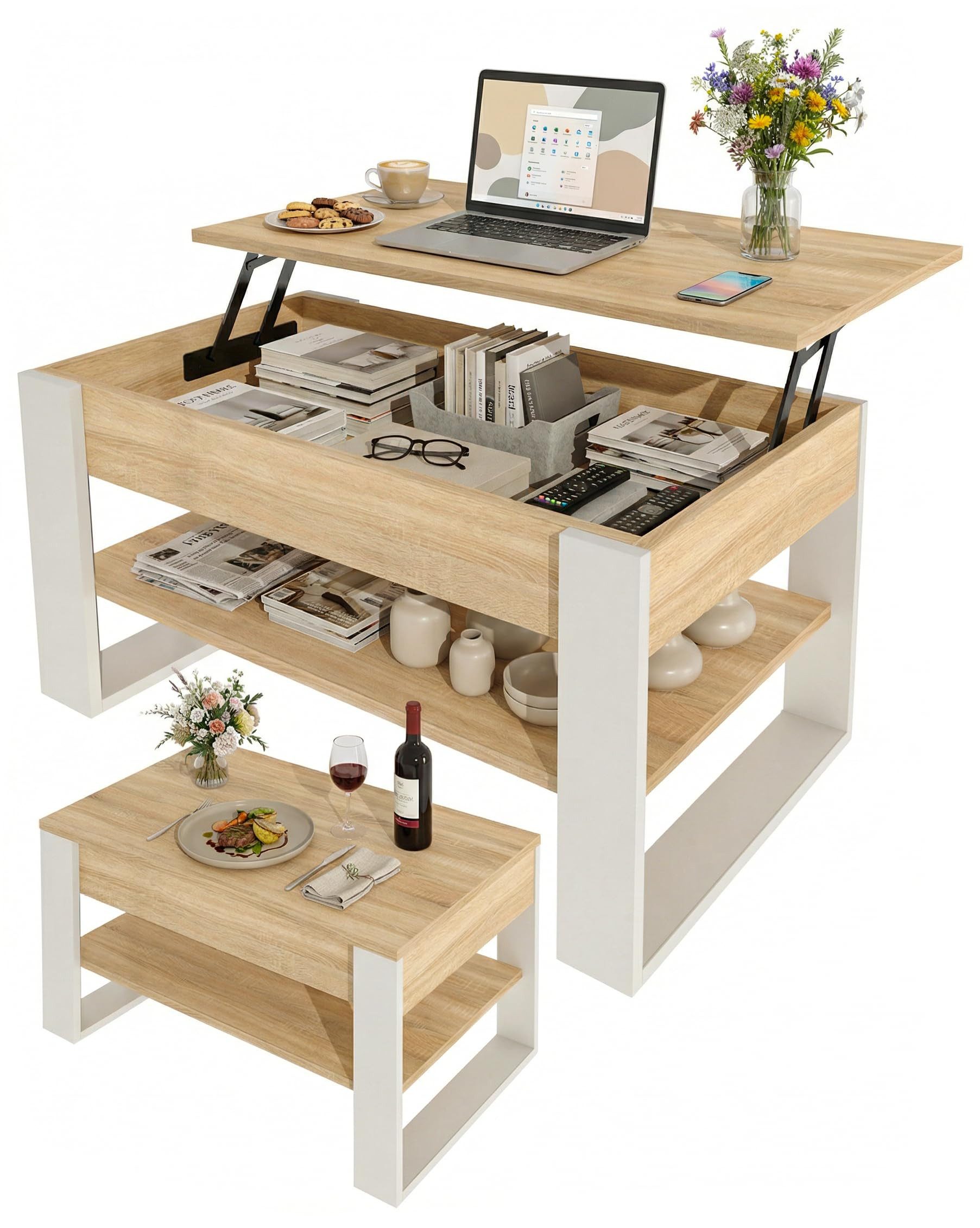 TREND WERK Couchtisch Lift-Couchtisch höhenverstellbar Sofatisch 92×54 cm mit Stauraum, verstecktem Fach Wohnzimmertisch Holz modern