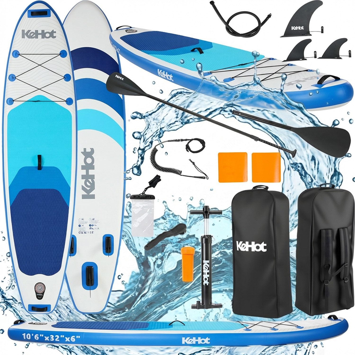 kehot Inflatable SUP-Board Aufblasbares SUP Board Set 322×80×15,5 cm Stand Up Paddle, Komplett Set mit Pumpe, Paddel und Rucksack für Anfänger, (Stabiles Surfboard mit abnehmbarer Finne und Anti-Rutsch Deck), für Wassersport und Paddling, bis 200 kg belastbar