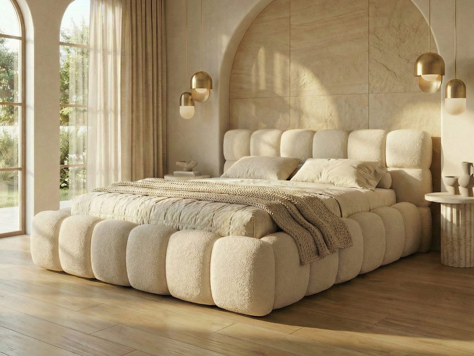 yourhouse24 Polsterbett Boston Slim Bouclé kompaktes Wolkenbett mit Bettkasten, Bubble-Optik & Japandi