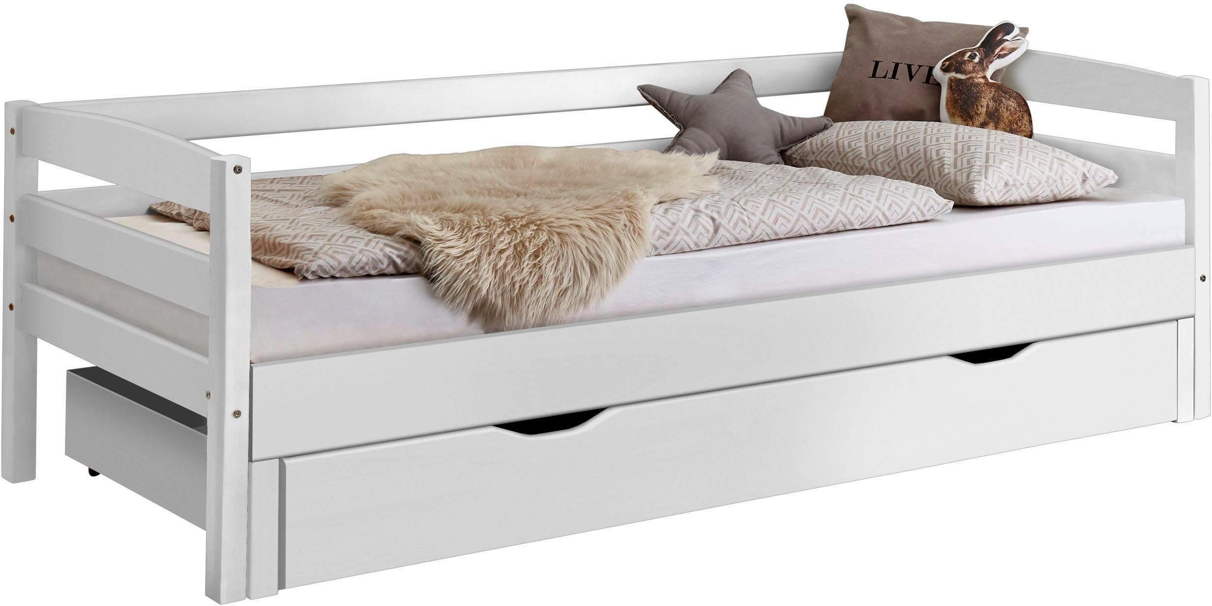 Relita Funktionsbett, mit Lattenrost, Bettschublade und Auszug auf 180x200 cm Buche massiv weiß lackiert