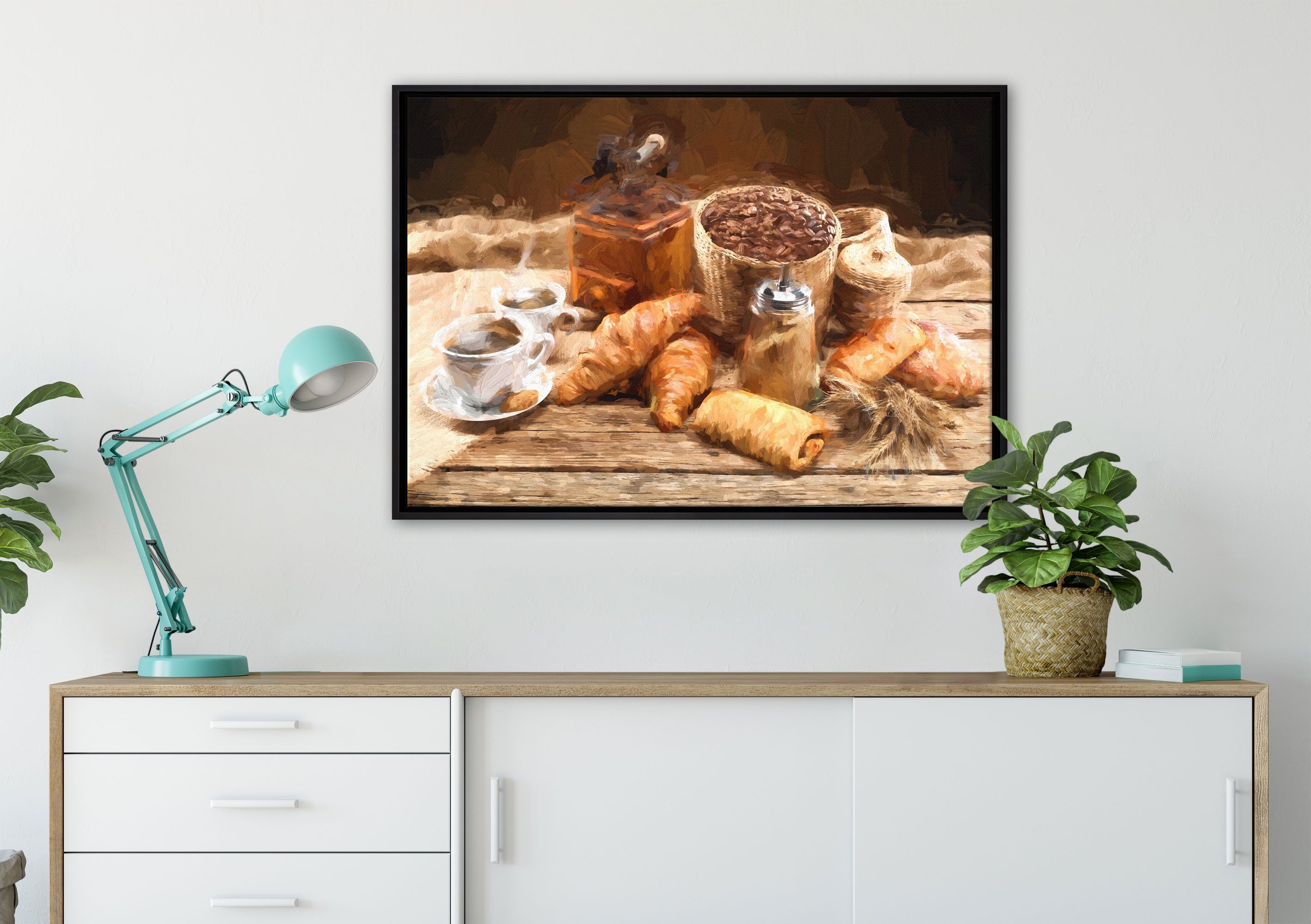 Croissant, Wanddekoration einem Aromatischer fertig Kaffee in (1 Leinwandbild St), Leinwandbild gefasst, bespannt, Pixxprint inkl. Schattenfugen-Bilderrahmen mit Zackenaufhänger