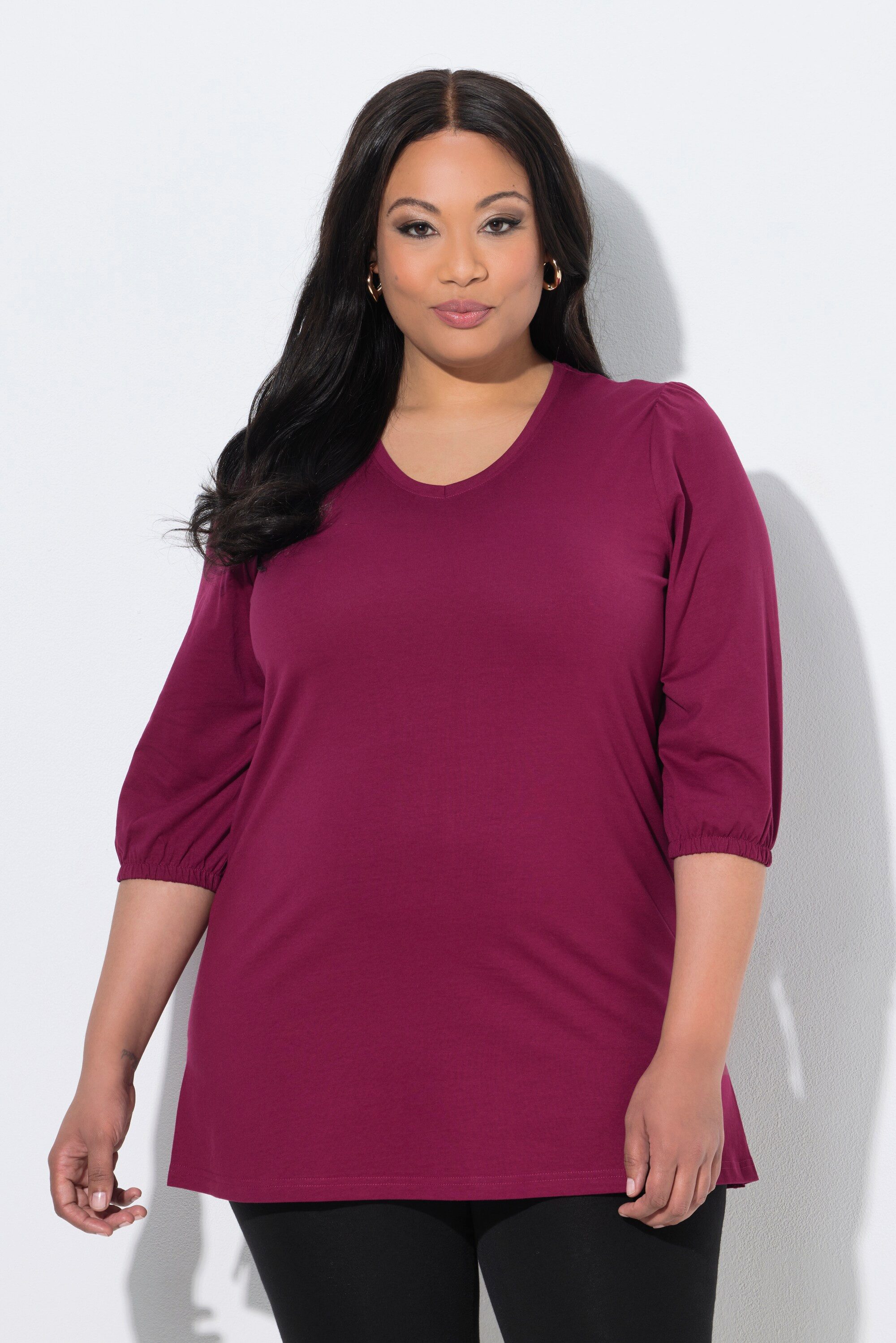 Ulla Popken Longshirt Longshirt Puffärmel V-Ausschnitt 3/4-Arm