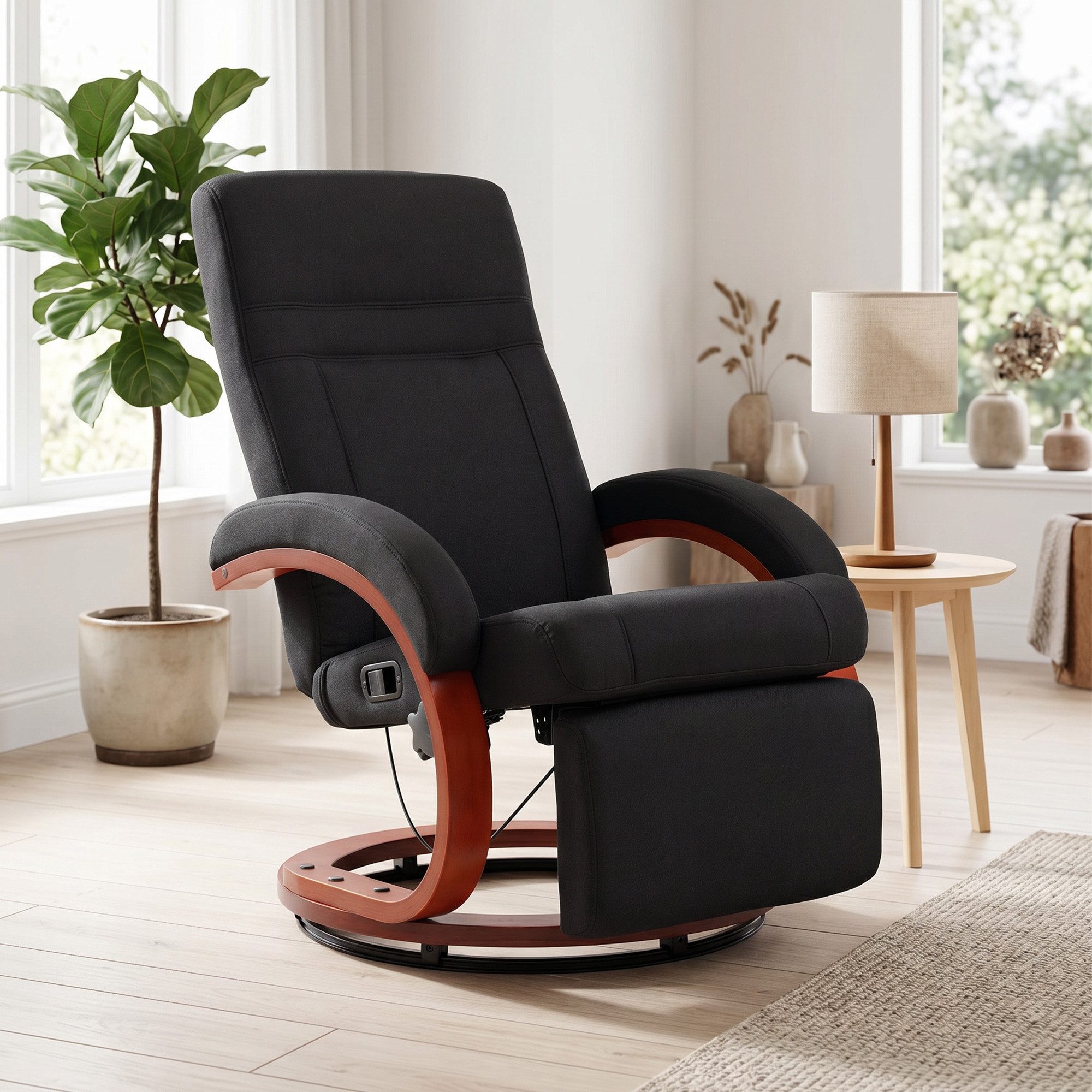 HOMCOM Relaxsessel mit hoher Rückenlehne, ergonomische Armlehne, Fußstütze, Holzbasis (Ruhesessel, 1-St., Fernsehsessel), für Wohnzimmer Schlafzimmer Schwarz