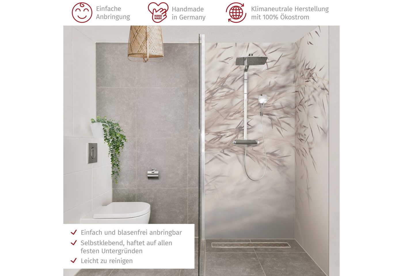 Thumbnail - Bilderdepot24 Badrückwand Gräser beige Duschrückwand ohne Bohren Tropisch Landhaus, (2-tlg., Hart-Folie Premium matt 0,6...