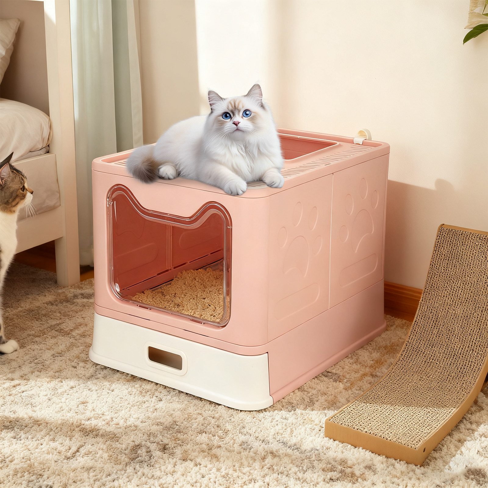 JEOBEST Katzentoilette Geschlossenes Katzenklo mit Dach, Rostfreier Edelstahl-Schublade, Anti-Streu-Design, Katzenklo-Schaufel, für Katzen bis 15kg