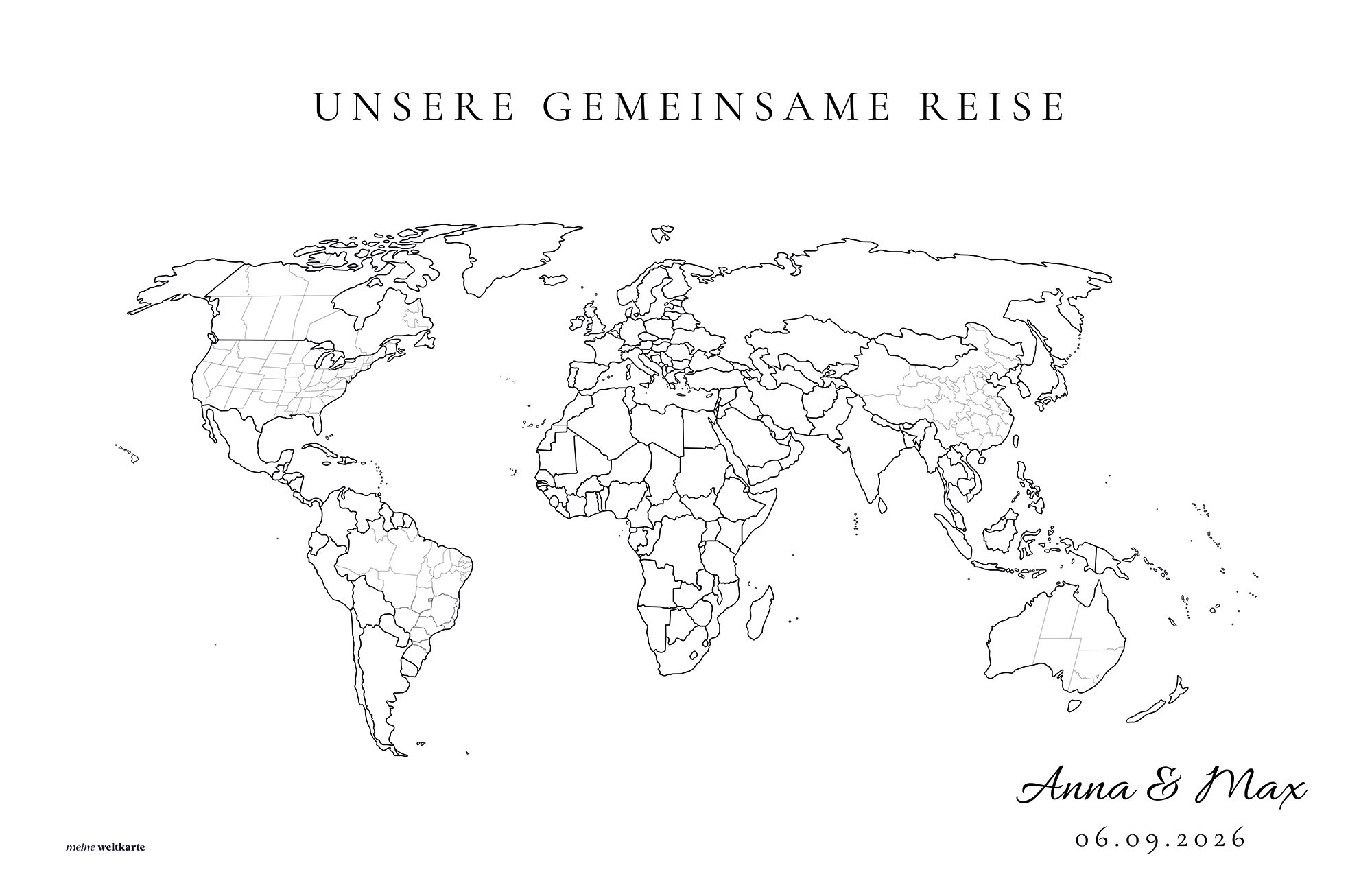 mw Leinwandbild Personalisierte Hochzeits-Weltkarte mit Namen und Datum, Wunschüberschrift, Namen und Datum; Poster oder Keilrahmen