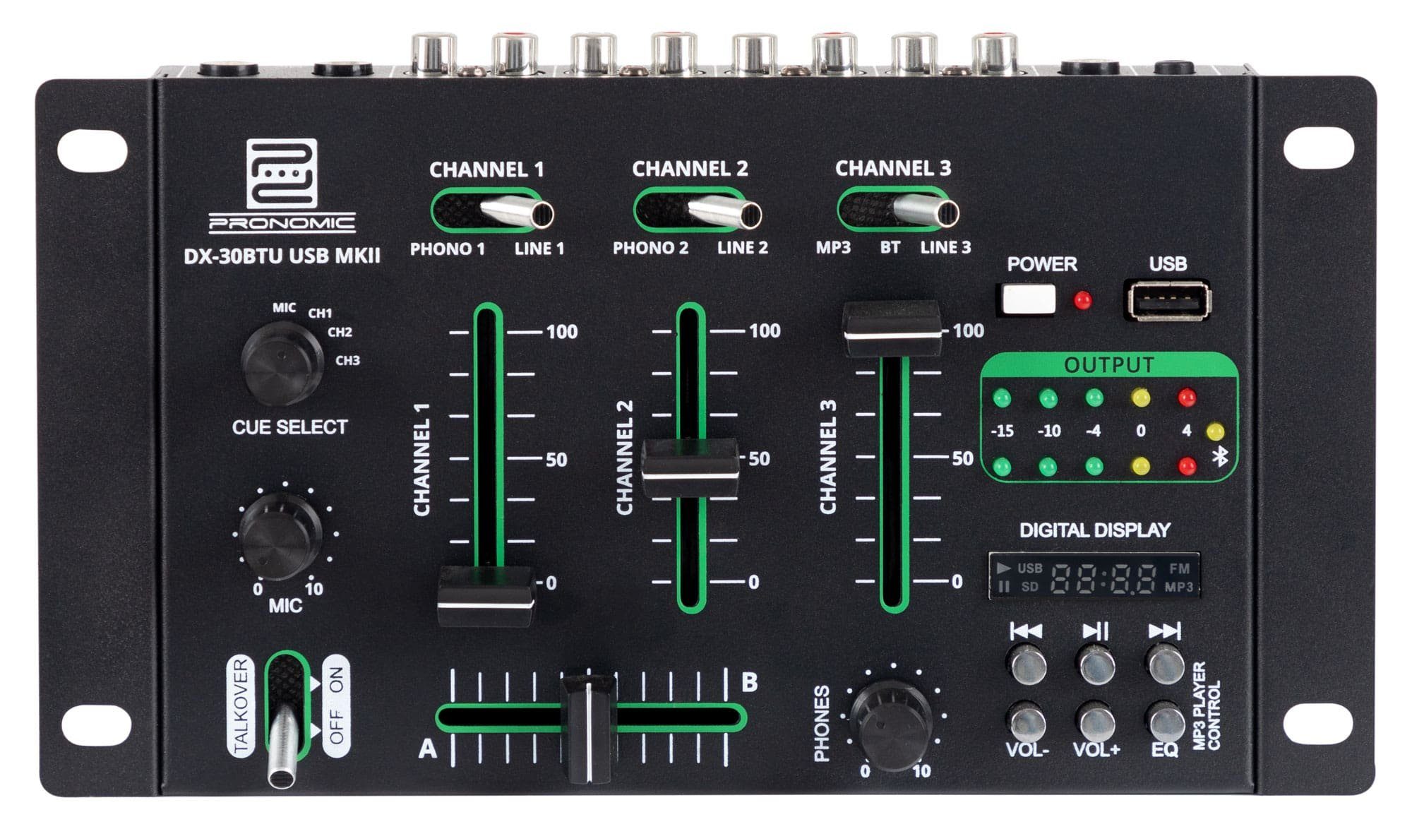 Pronomic DJ Controller DX-30BTU USB MKII DJ-Mixer - Bluetooth - 3 Kanäle - Cue-Funktion, (Talkover-Funktion), Hochqualitativer USB/MP3/Bluetooth-Player