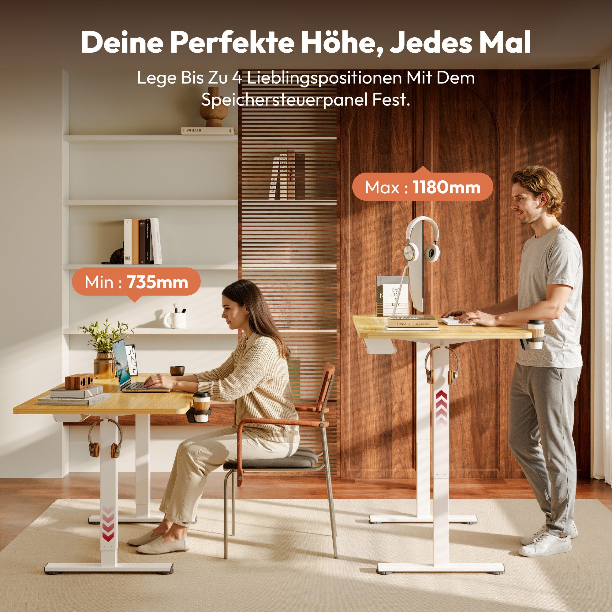 SANODESK Schreibtisch Elektrisch höhenverstellbarer Schreibtisch (inkl. vielseitigem Zubehör, 2-Fach-Teleskop mit Memory-Steuerung & Anti-kollisionssystem), sch – Bild 2 von 5