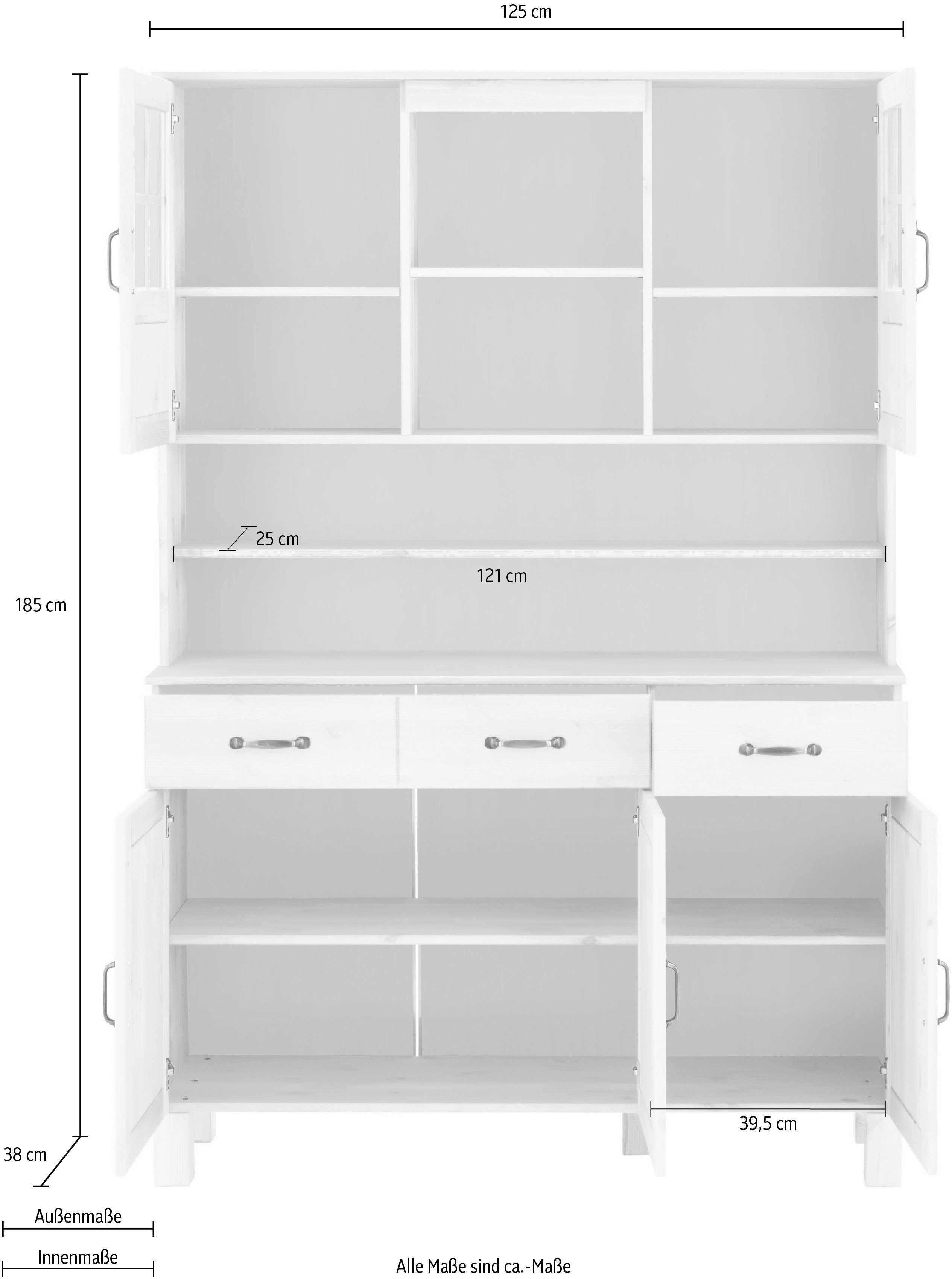 Schubladen 125 weiß weiß Küchenbuffet cm, 2 2 Glastüren, | Alby Breite affaire Home