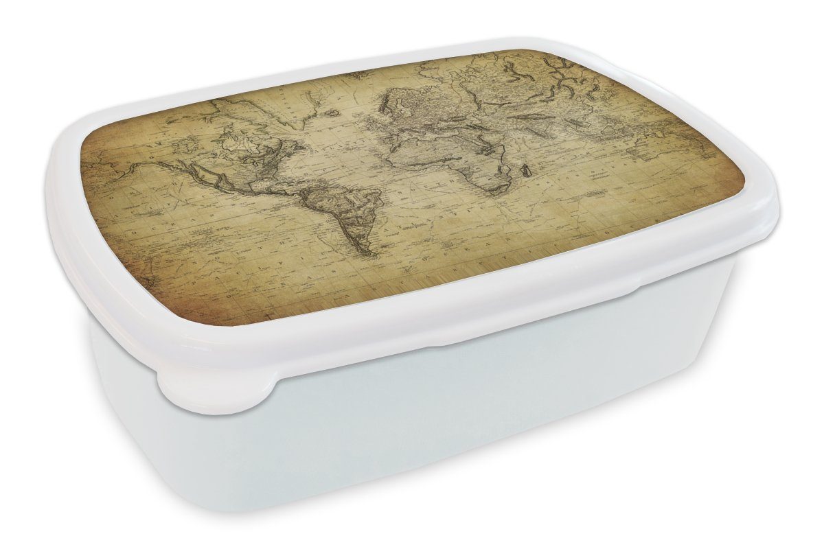 MuchoWow Lunchbox Weltkarte - Vintage - Antik - Braun - Papier, Kunststoff, (2-tlg), Brotbox für Kinder und Erwachsene, Brotdose, für Jungs und Mädchen weiß