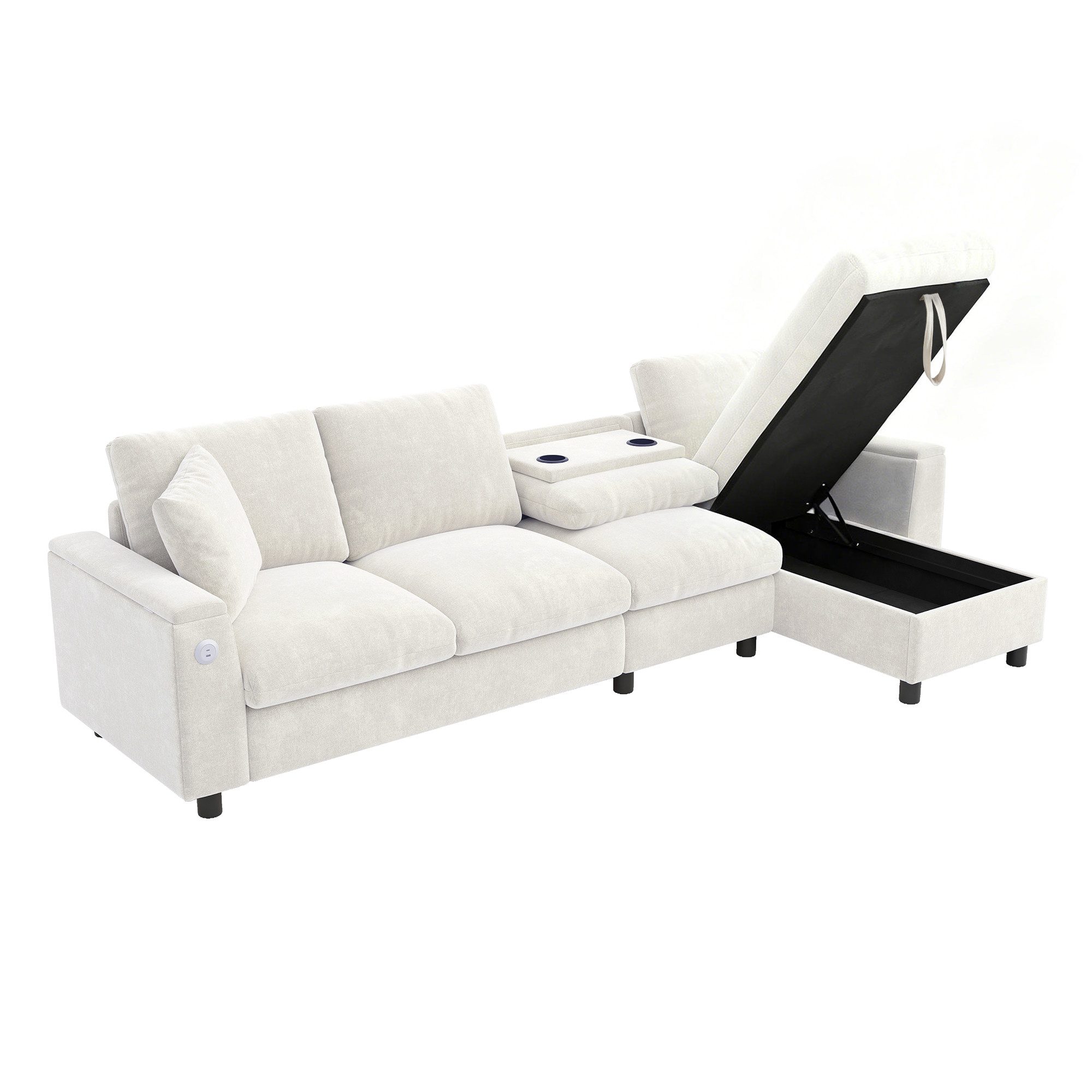 Flieks Ecksofa mit 1 USB und 1 Typ-C, Links und rechts austauschbar, 4-Sitzer, L-förmig Chenille-Stoffsofa mit Bettkasten & 2 Zierkissen grau