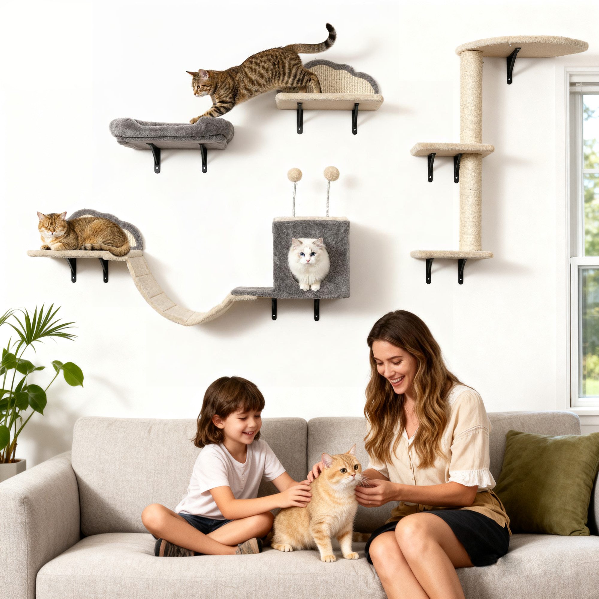 PawHut Katzen-Kletterwand Kratzbrett, Bett, Kratzbaum mit Höhle, Katzenmöbel bis zu 5 kg, für 1-3 Katzen, Beige