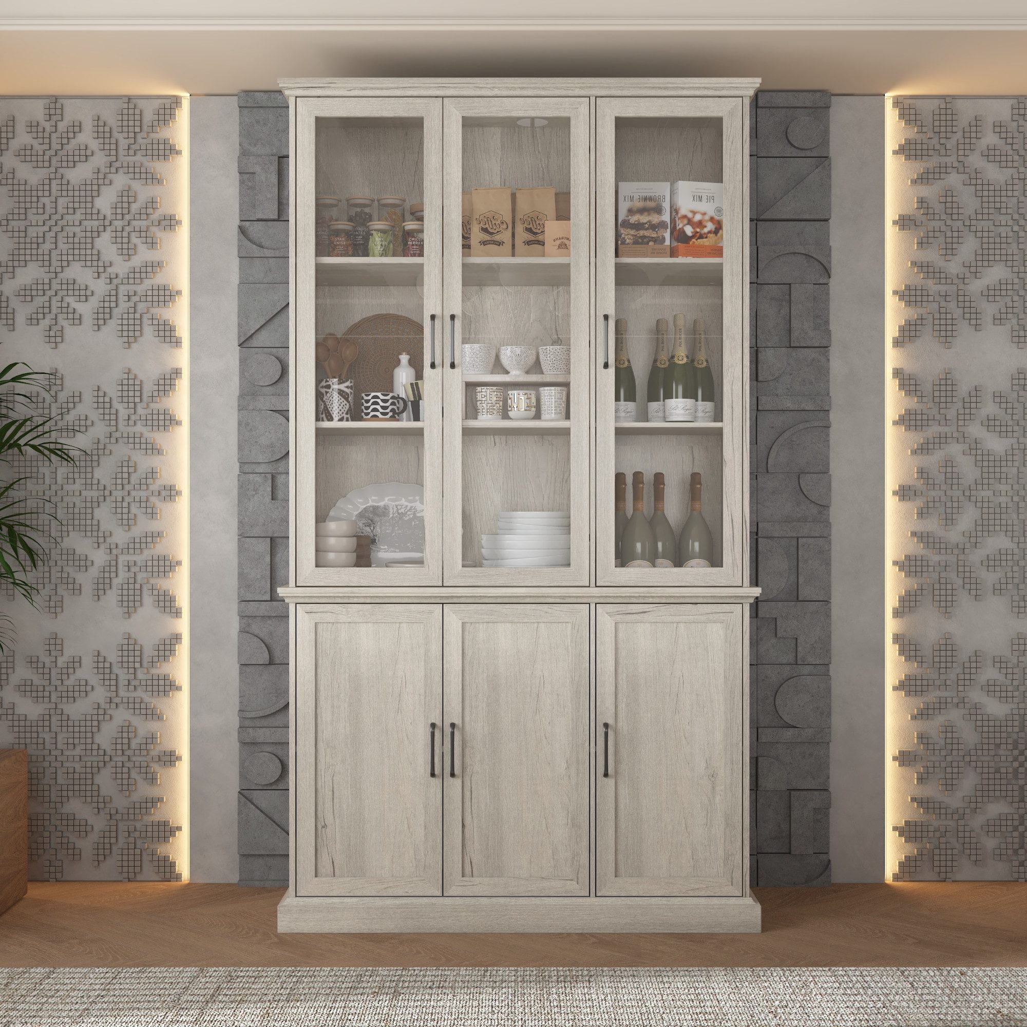 FUFU&GAGA Küchenbuffet MDF+Glas, Weiß mit Holzmaserung günstig online kaufen
