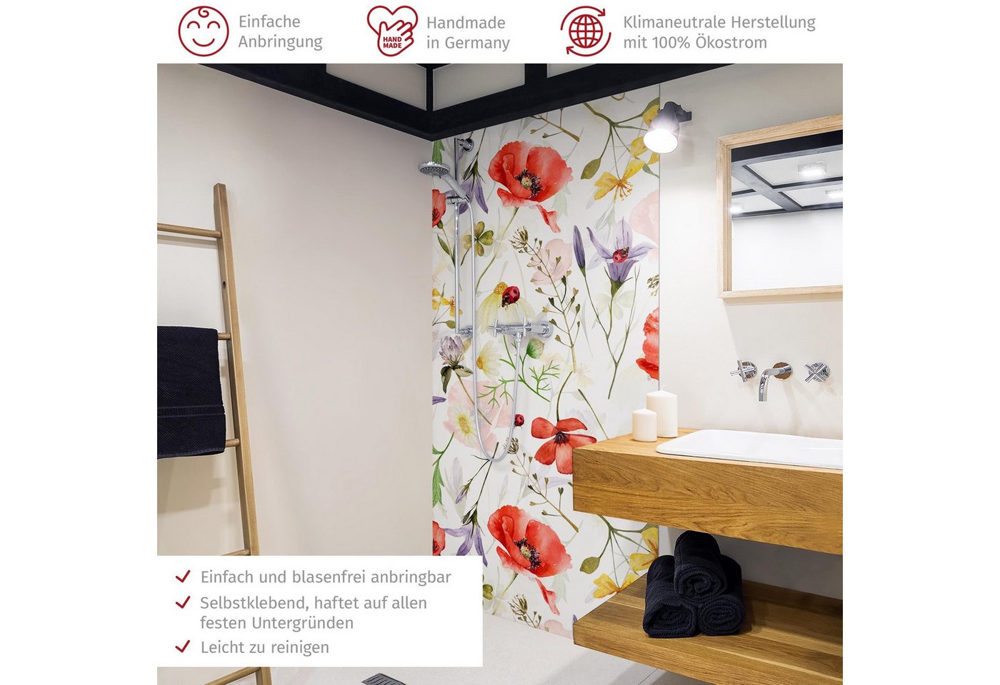 Thumbnail - Bilderdepot24 Badrückwand Muster rot Duschrückwand ohne Bohren Dusche Aquarell, (1-tlg., Hart-Folie Smart matt 0,35 mm),...