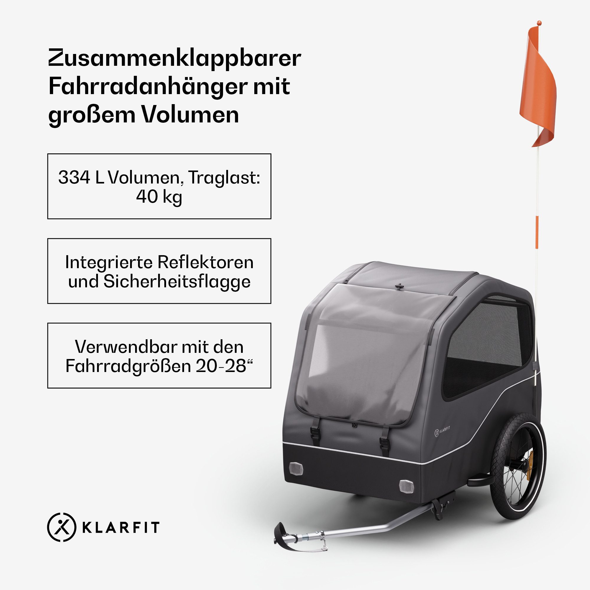 KLARFIT Fahrradkinderanhänger Goldie Home Fahrradanhänger 334 L, Fahrradanhänger Wetterfest Hund Faltbar Stahl 20-28"