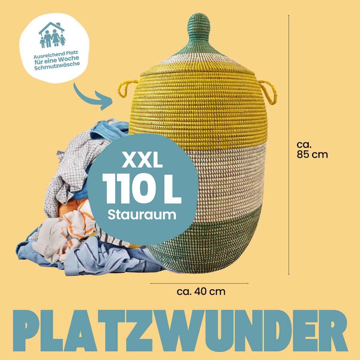 Wäschekorb Wäschekorb Senegal XXL - Bold Stripes - Grün/Gelb, Handgeflochtener Wäschekorb aus traditionellem Kunsthandwerk