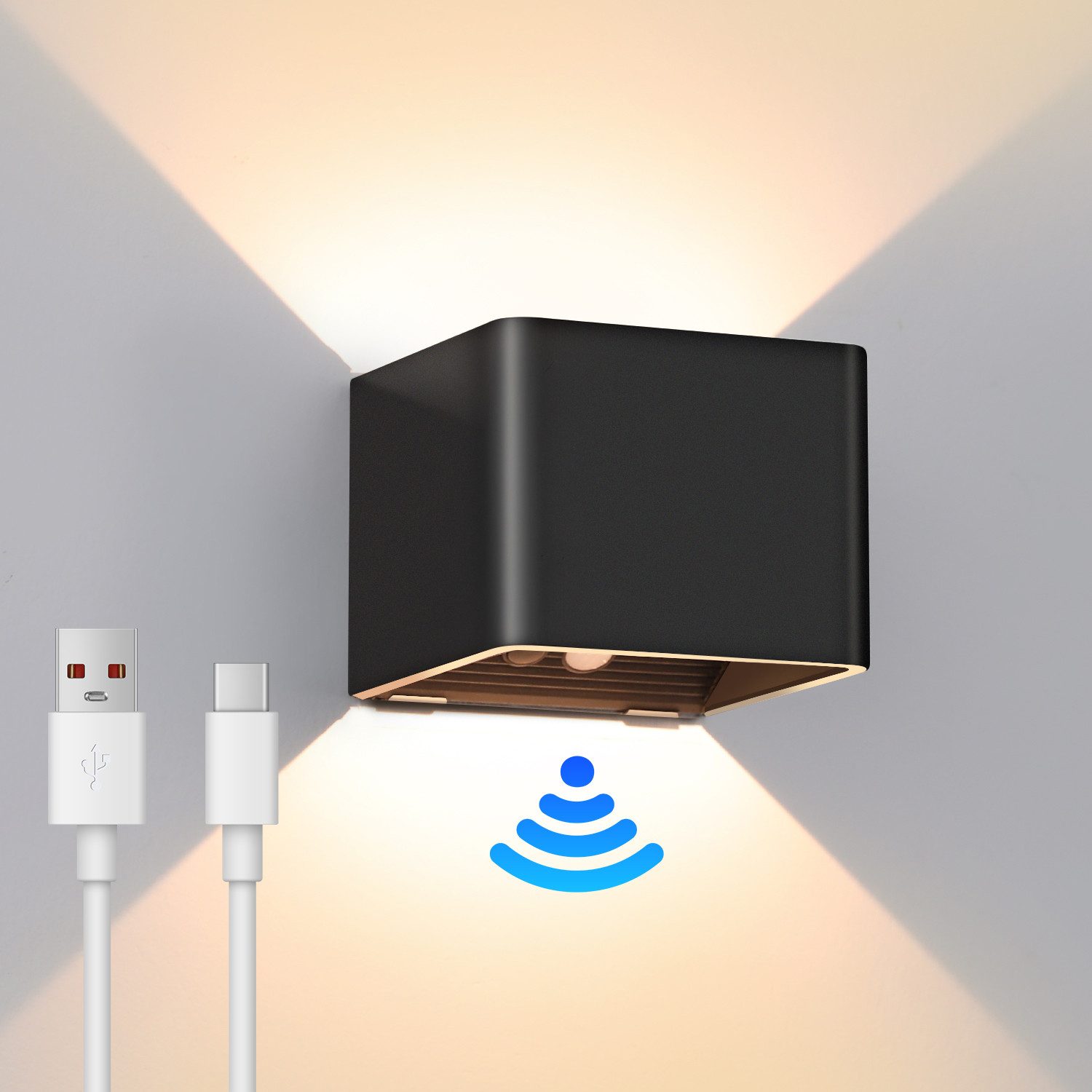 WILGOON LED Wandleuchte Akku Wandleuchte mit Bewegungsmelder Kabellose Wandlampe mit Schalter, LED fest integriert, Warmweiß, Innen Wandlampe 2200mAh USB Wiederaufladbar für Schlafzimmer Flur