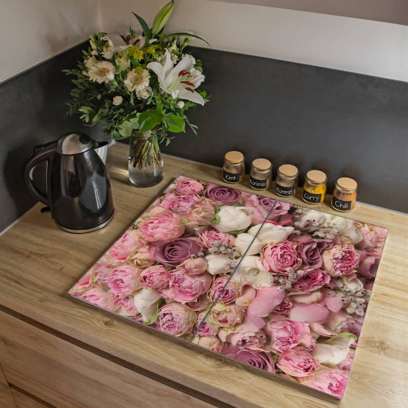 banjado Herd-Abdeckplatte Glas Strauss Rosen, (gehärtet, 2 tlg., inkl. selbstklebende Gummifüßchen)